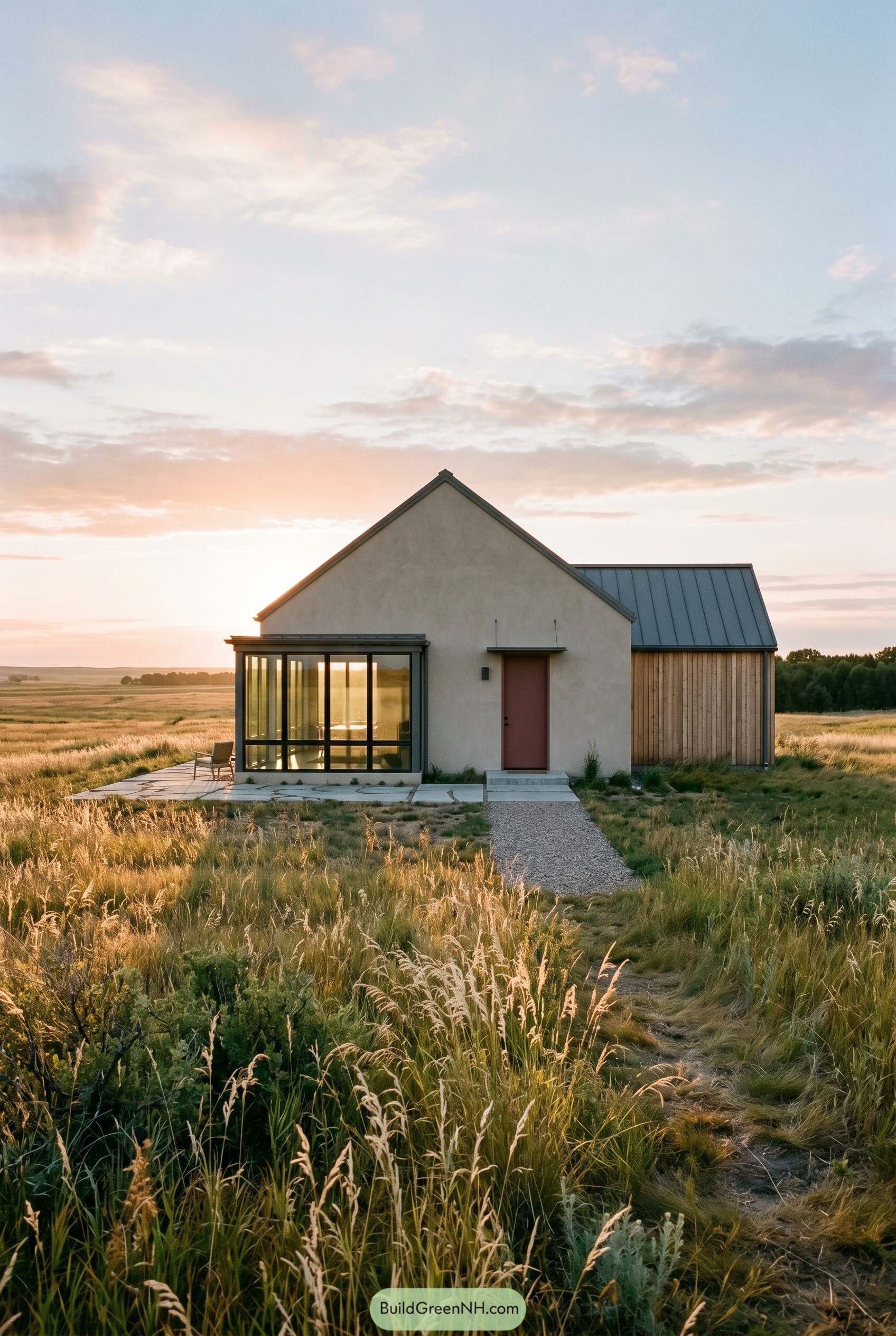 Modern cream cottage with glass sunroom in tall grass