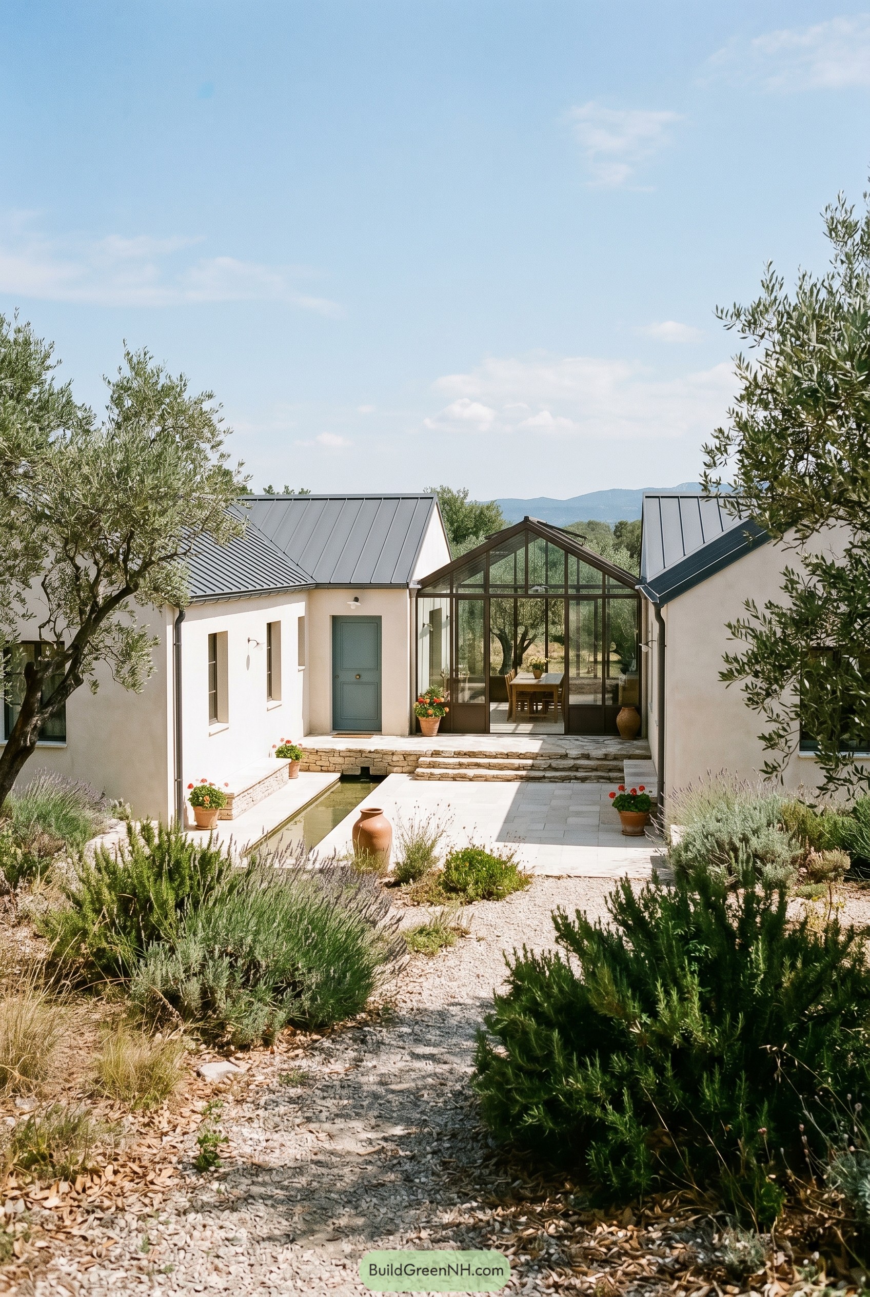 Cream stucco cottage with central glass sunroom