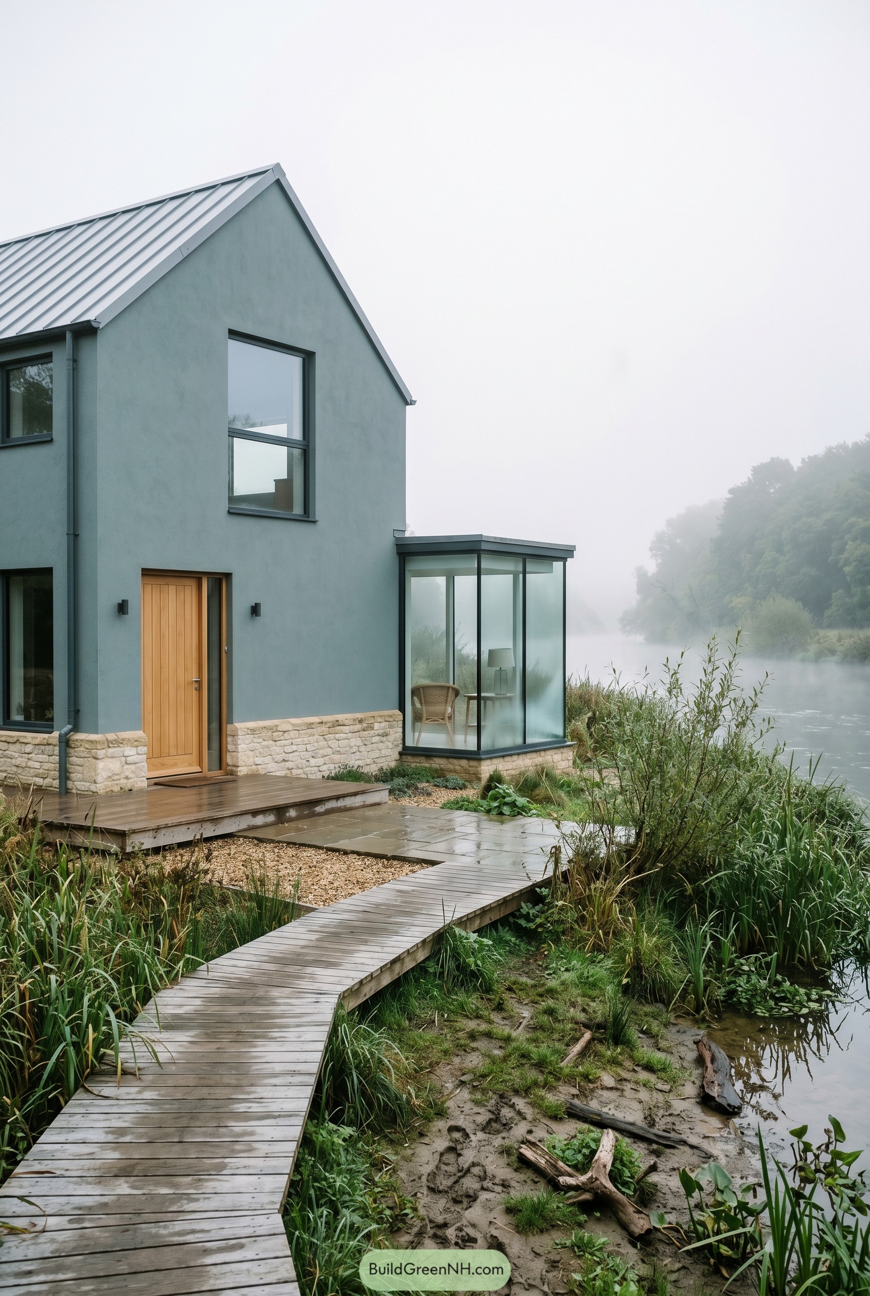 Blue gray cottage with glass sunroom by misty river