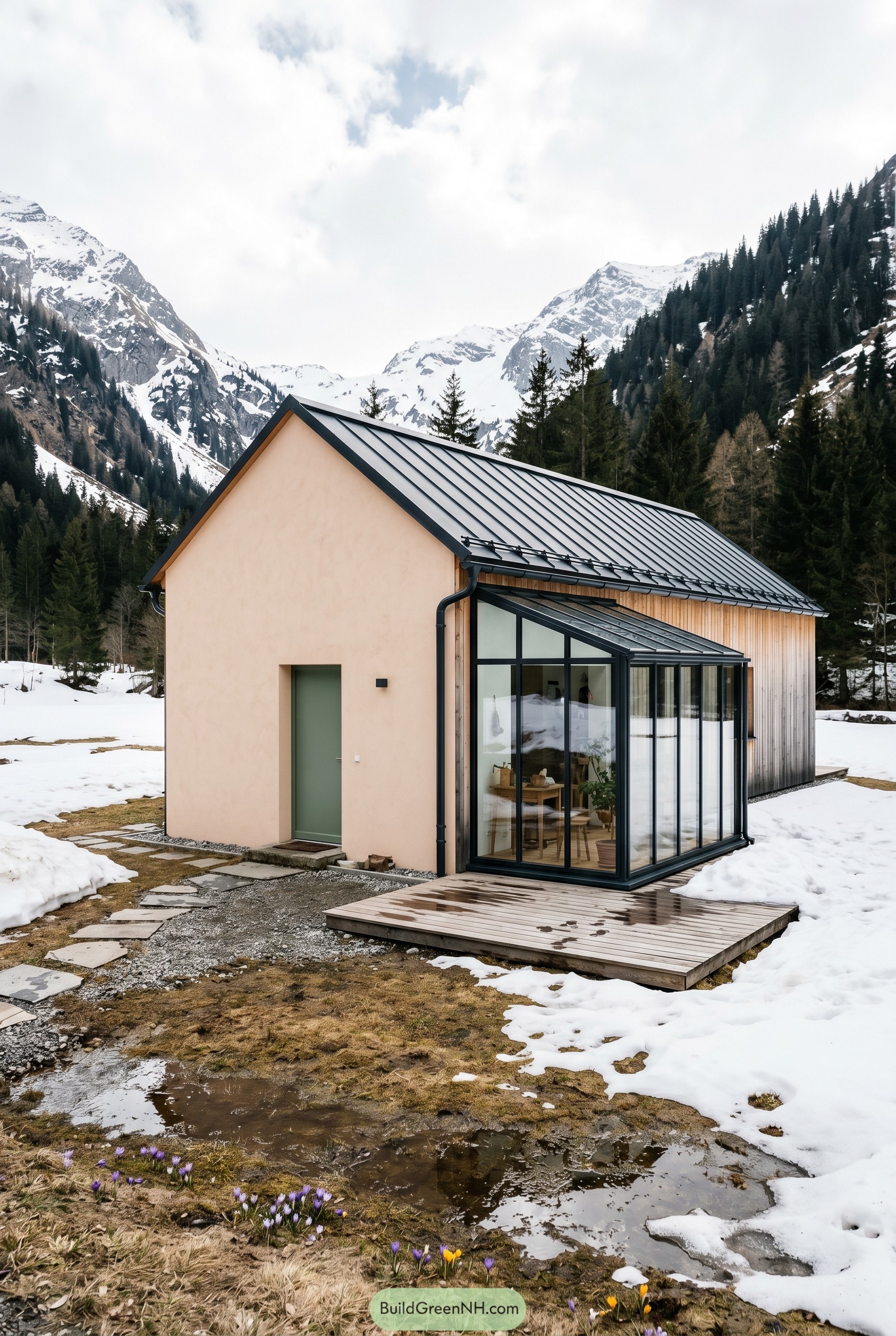 Peach alpine cottage with glass sunroom