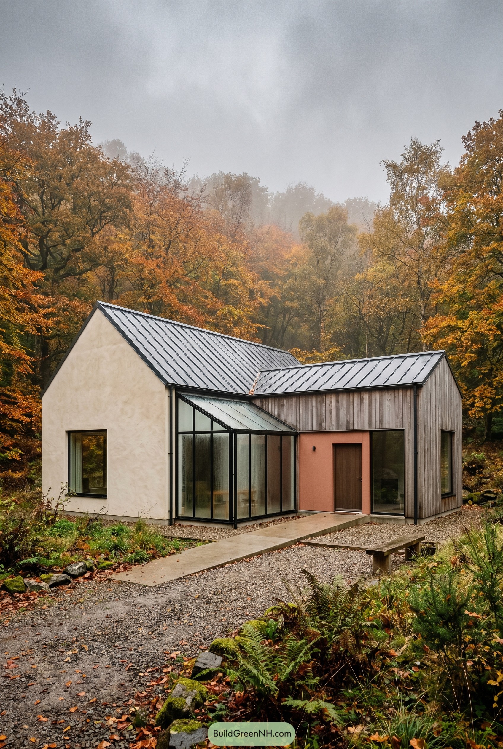 Modern cottage with glass sunroom and blush entry