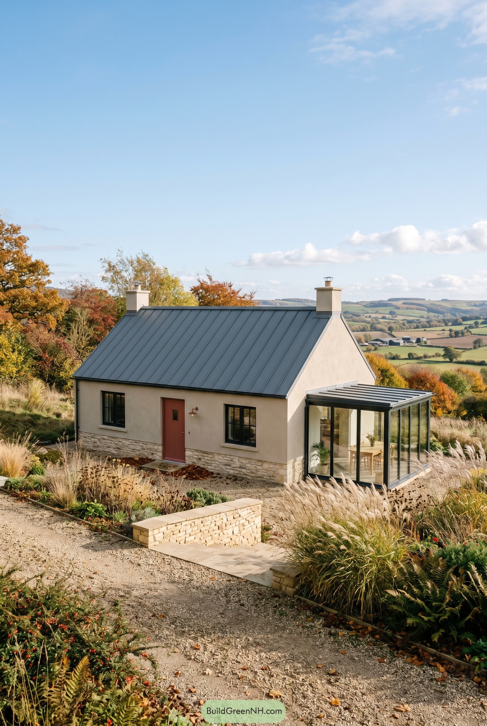 Cream cottage with red door and glass sunroom