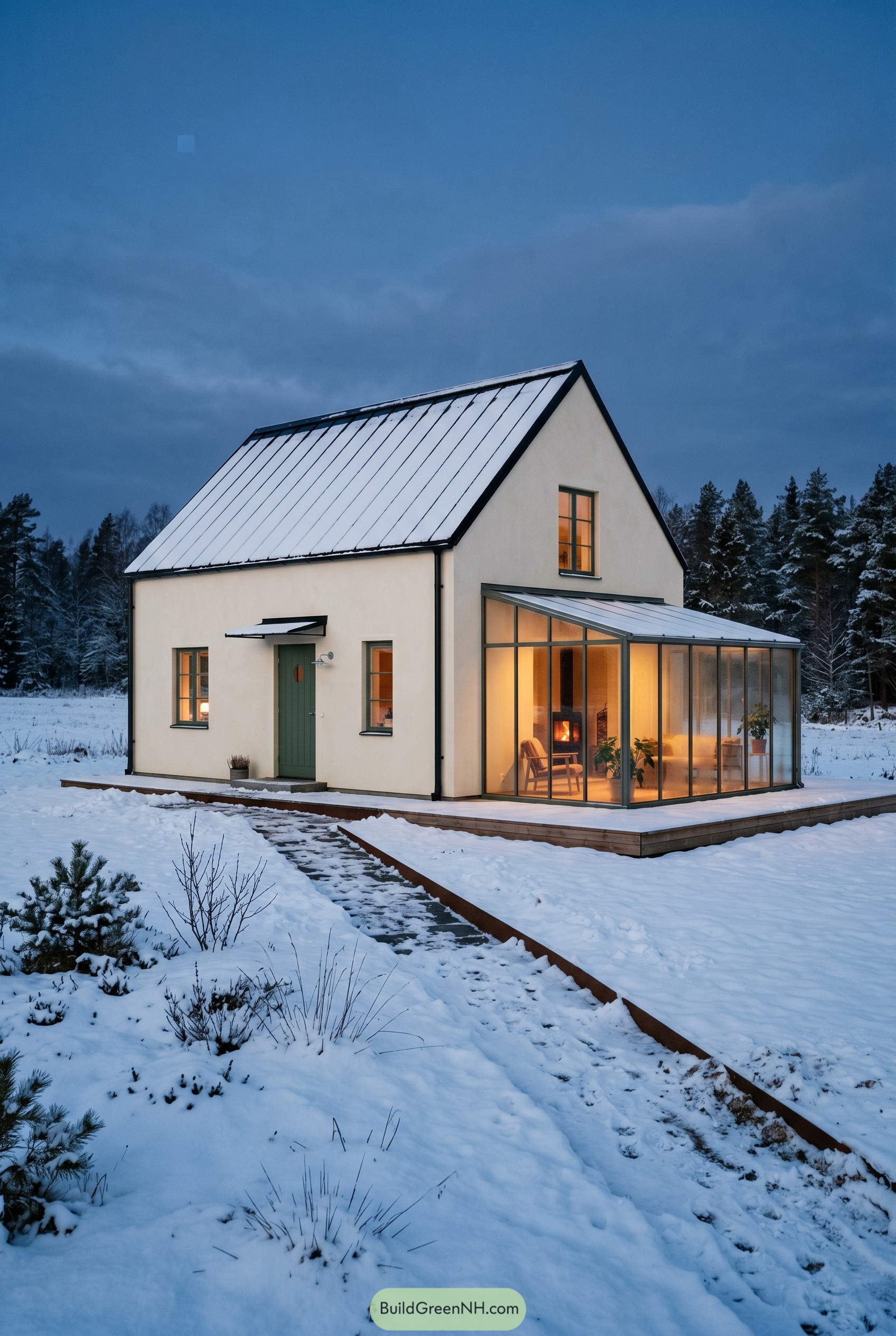 Cream cottage with glass sunroom in snow