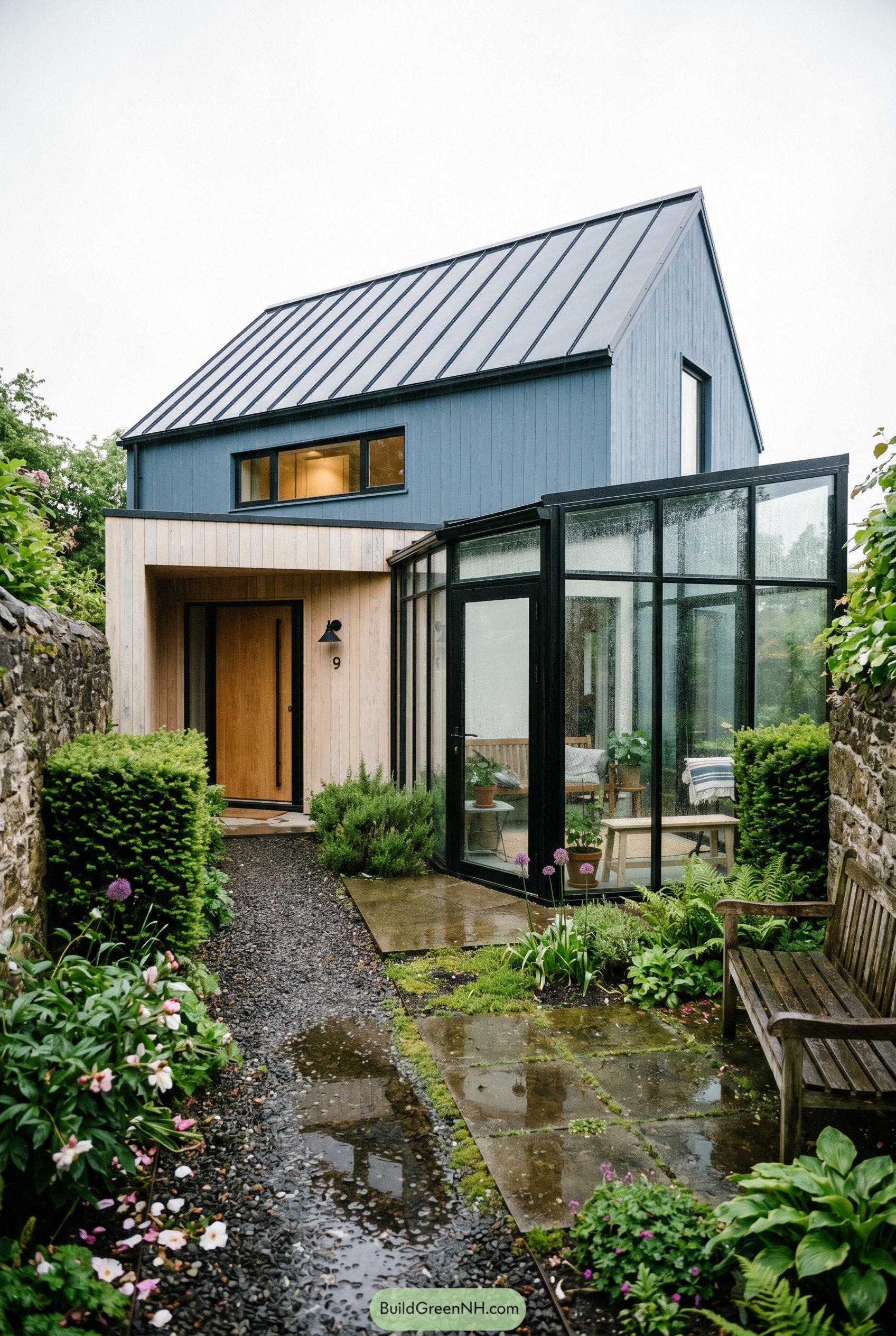 Blue gray cottage with black framed sunroom