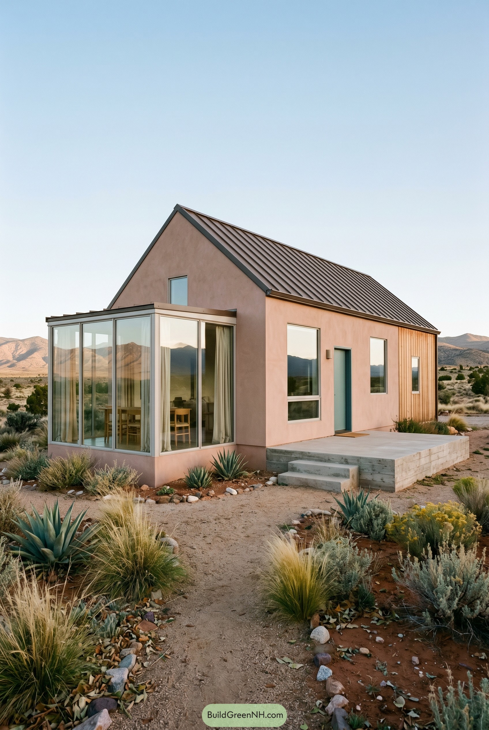 Blush modern cottage with glass sunroom in desert