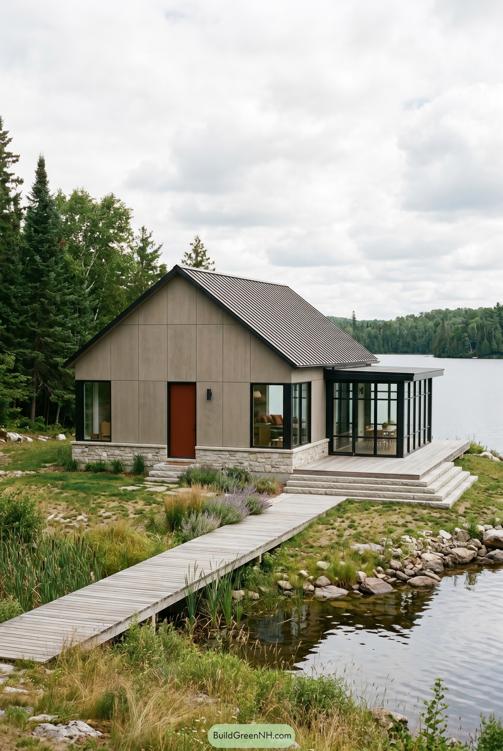 Modern lakeside cottage with glass sunroom