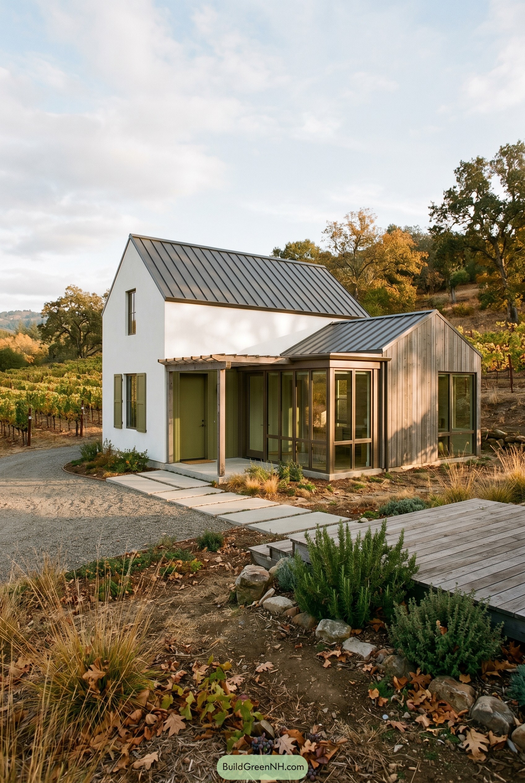White modern cottage with wood clad glass sunroom