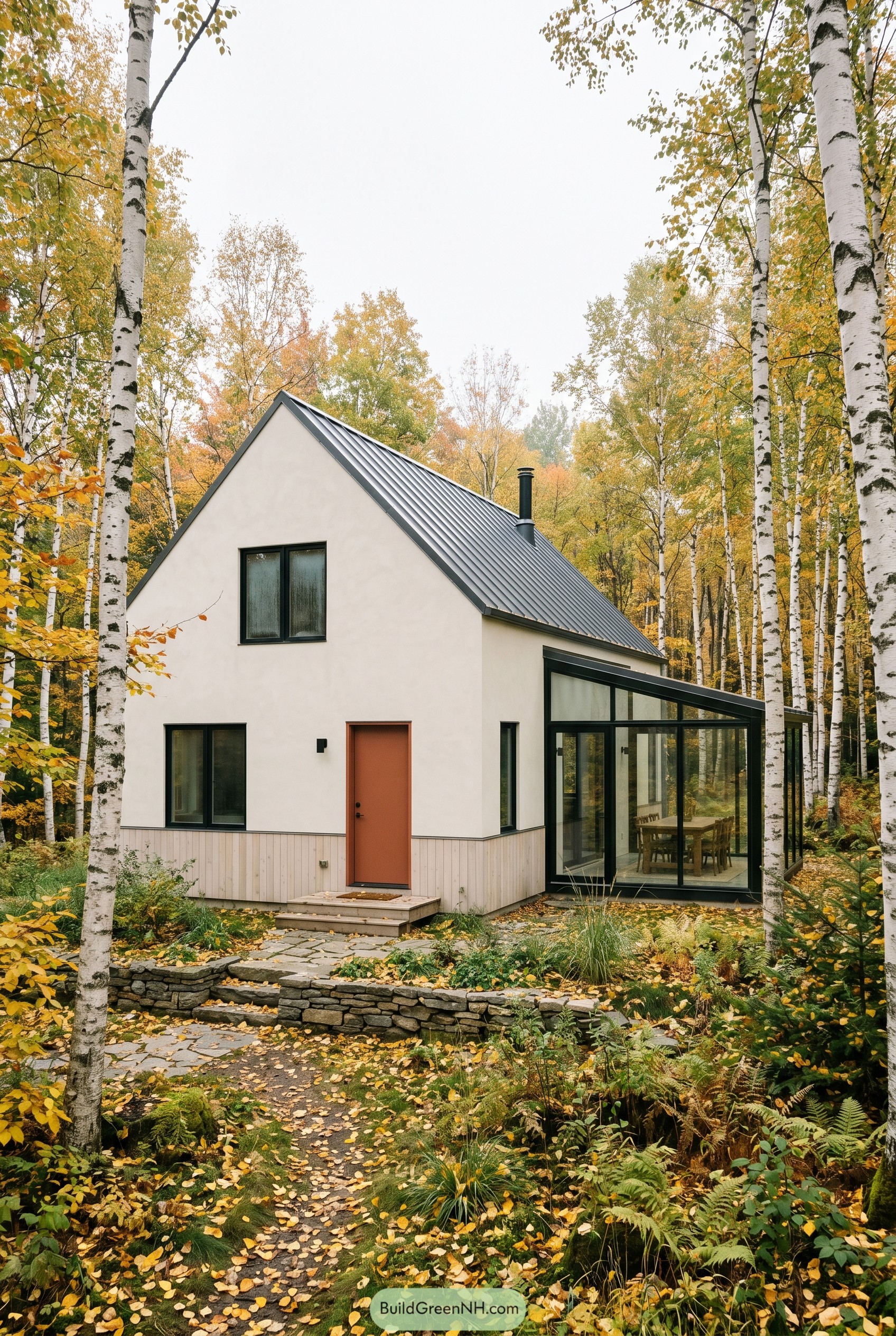 White gabled house with glass sunroom in birch woods