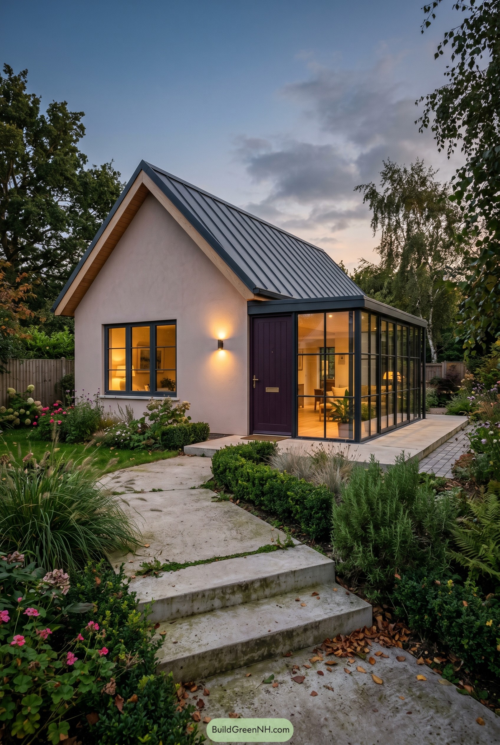 Blush cottage with plum door and glass sunroom