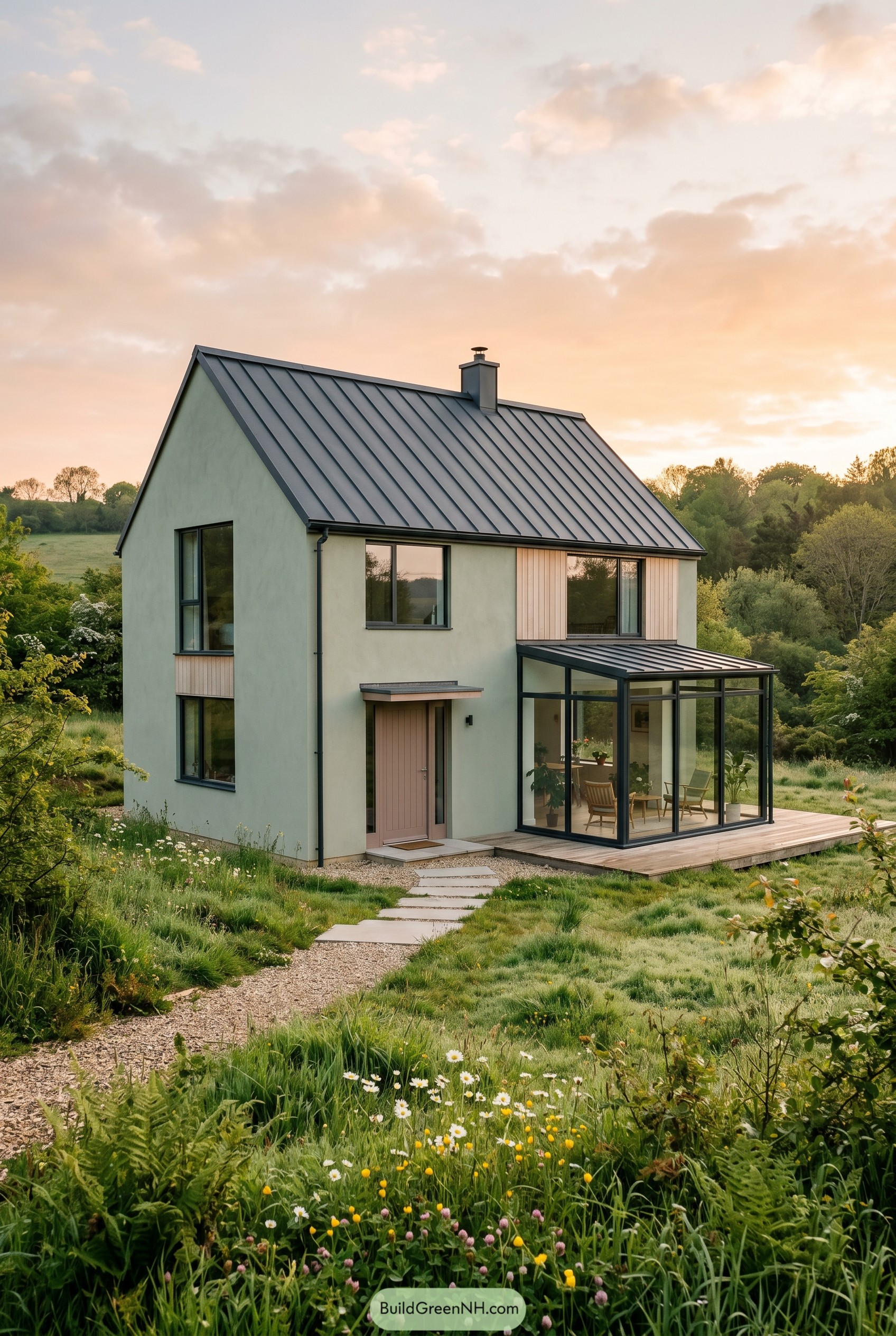 Minimalist cottage with glass sunroom in meadow