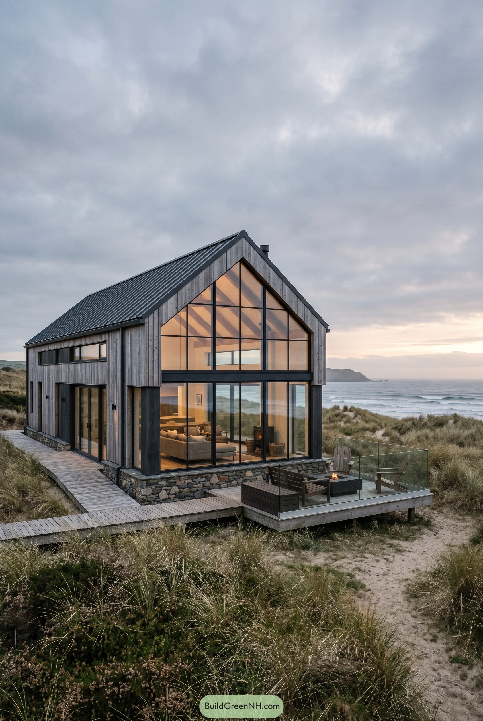 Coastal barnhouse with tall glazed sunroom by dunes