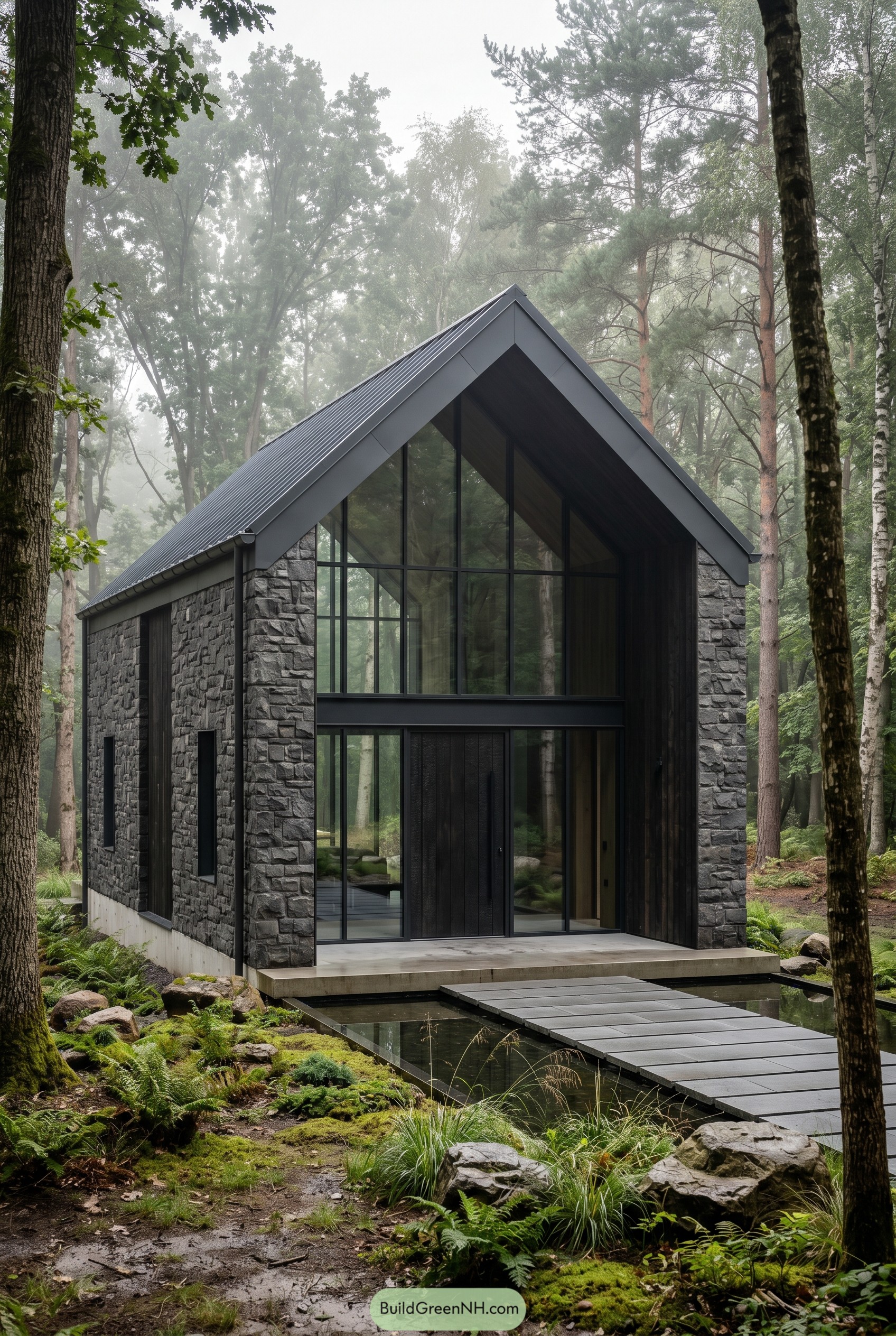 Dark stone barnhouse with glazed gable in misty woods