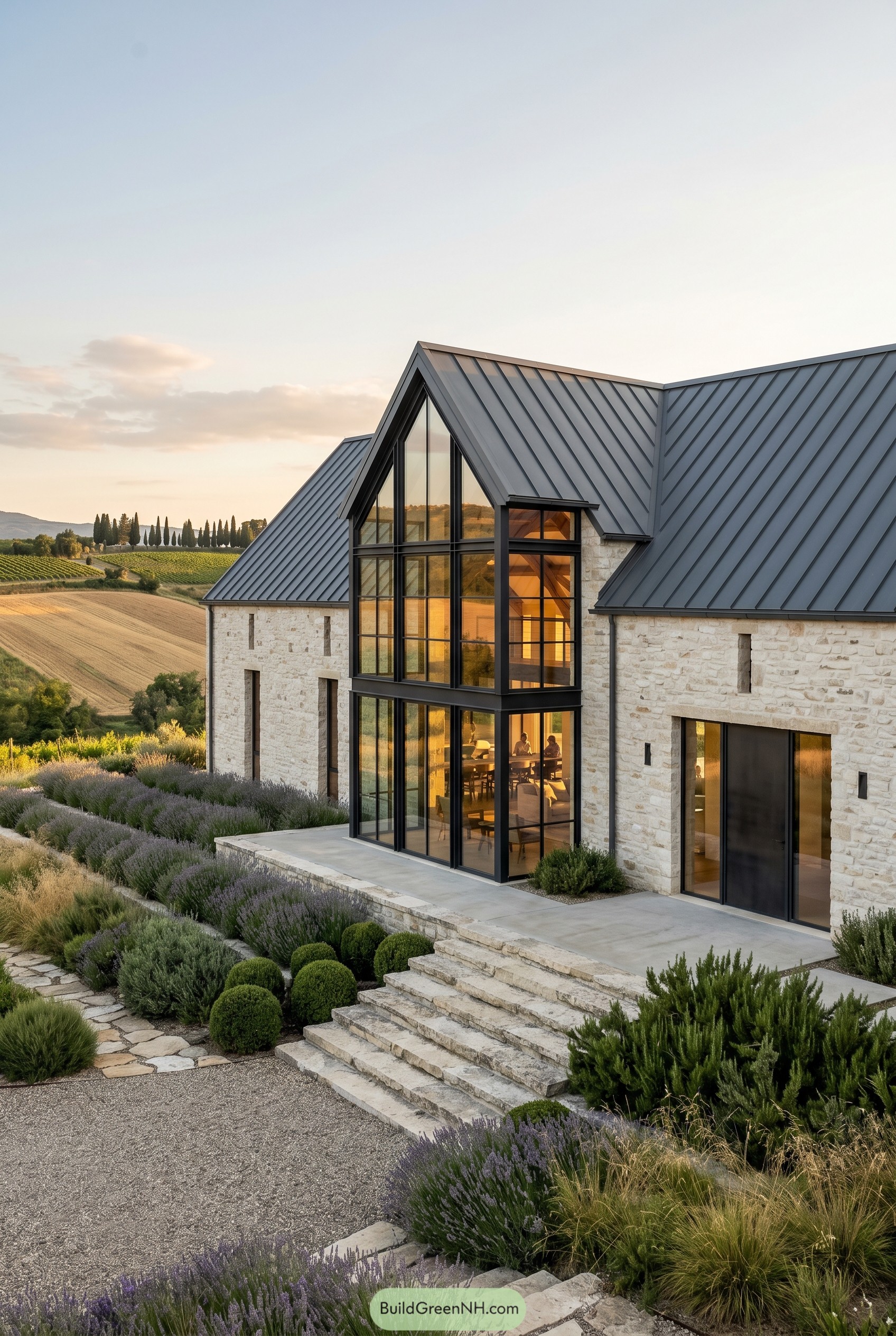 Stone barnhouse with tall gabled glass sunroom