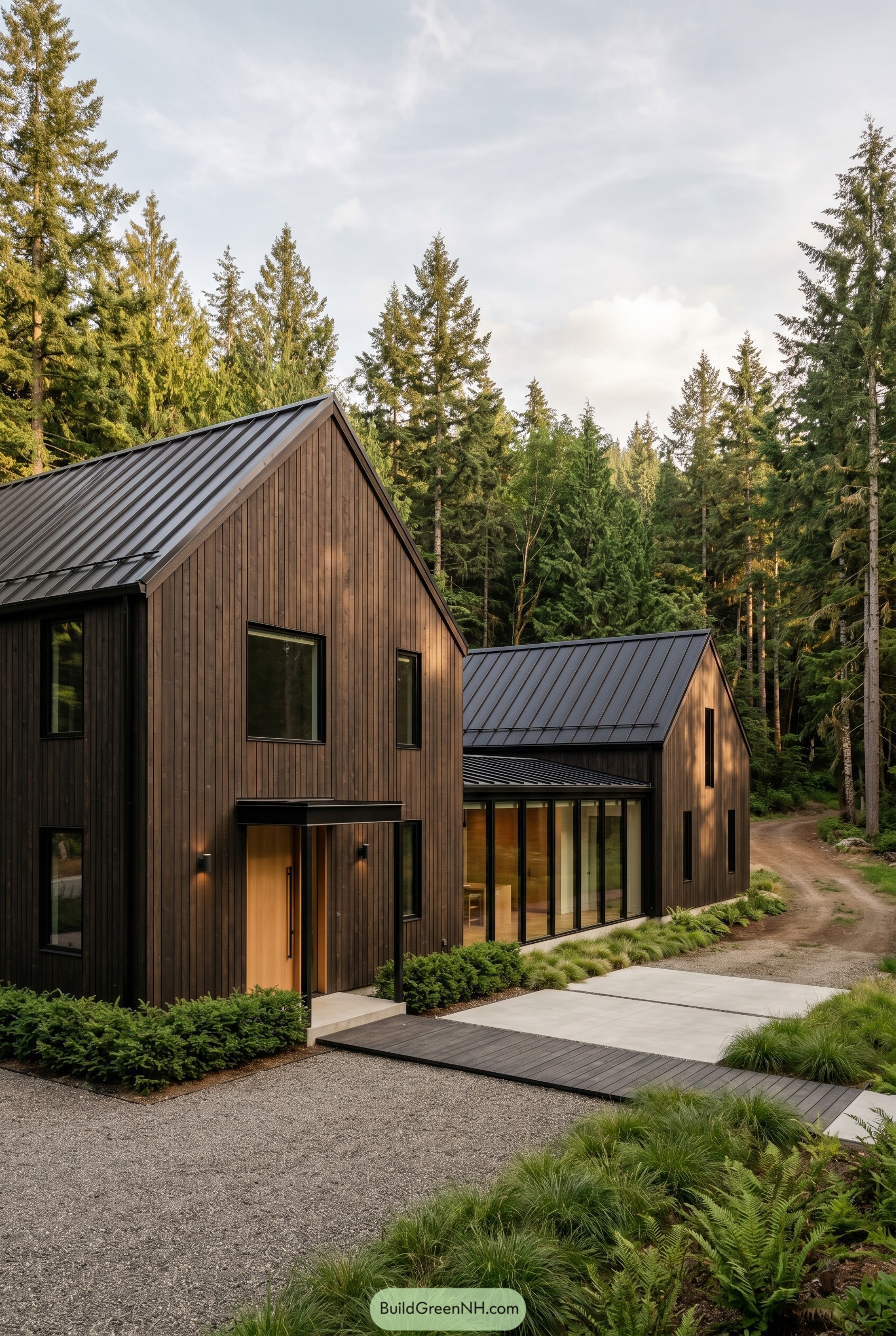 Dark wood barnhouse with glazed connector in forest