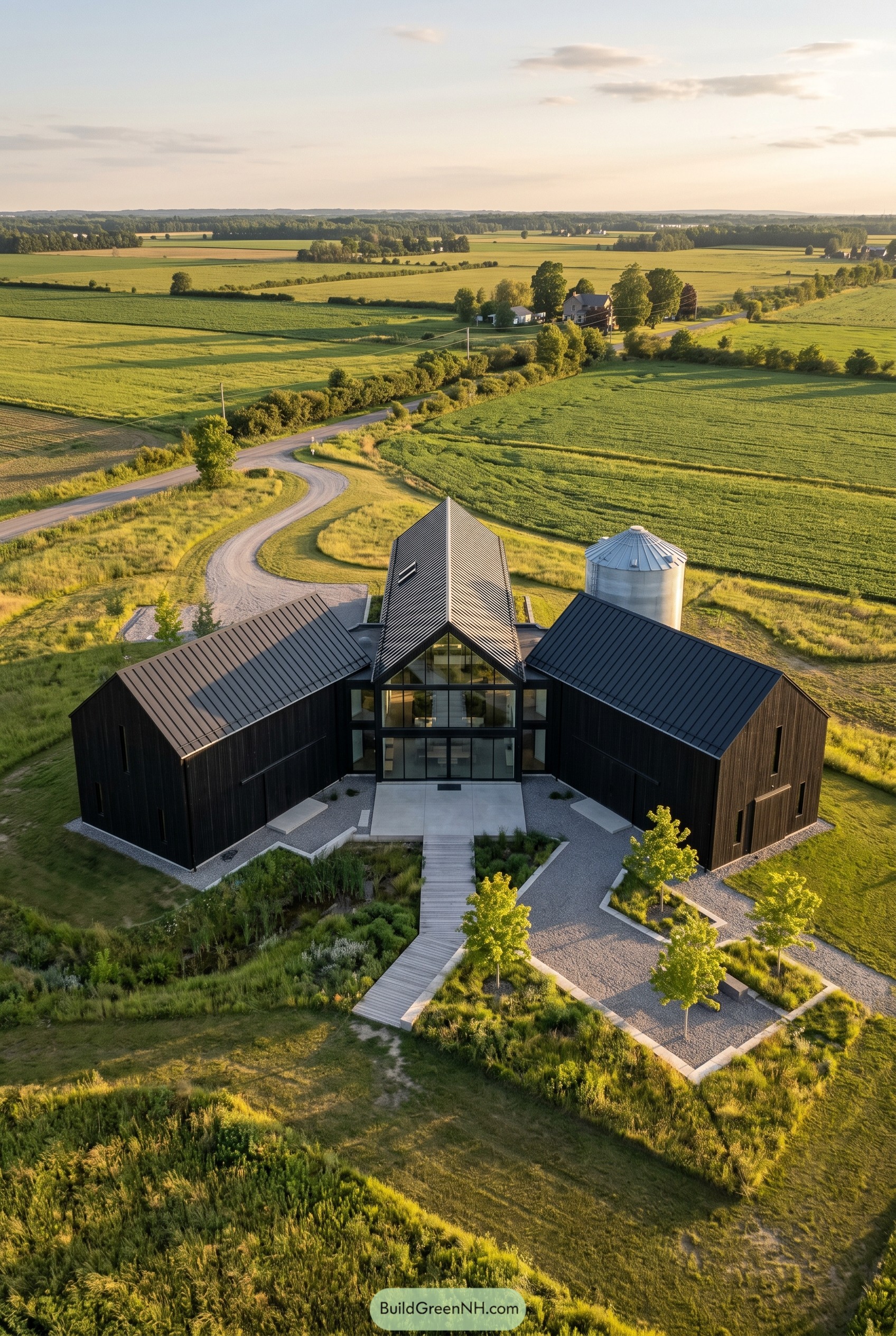 Black barnhouse with central glass sunroom in farmland