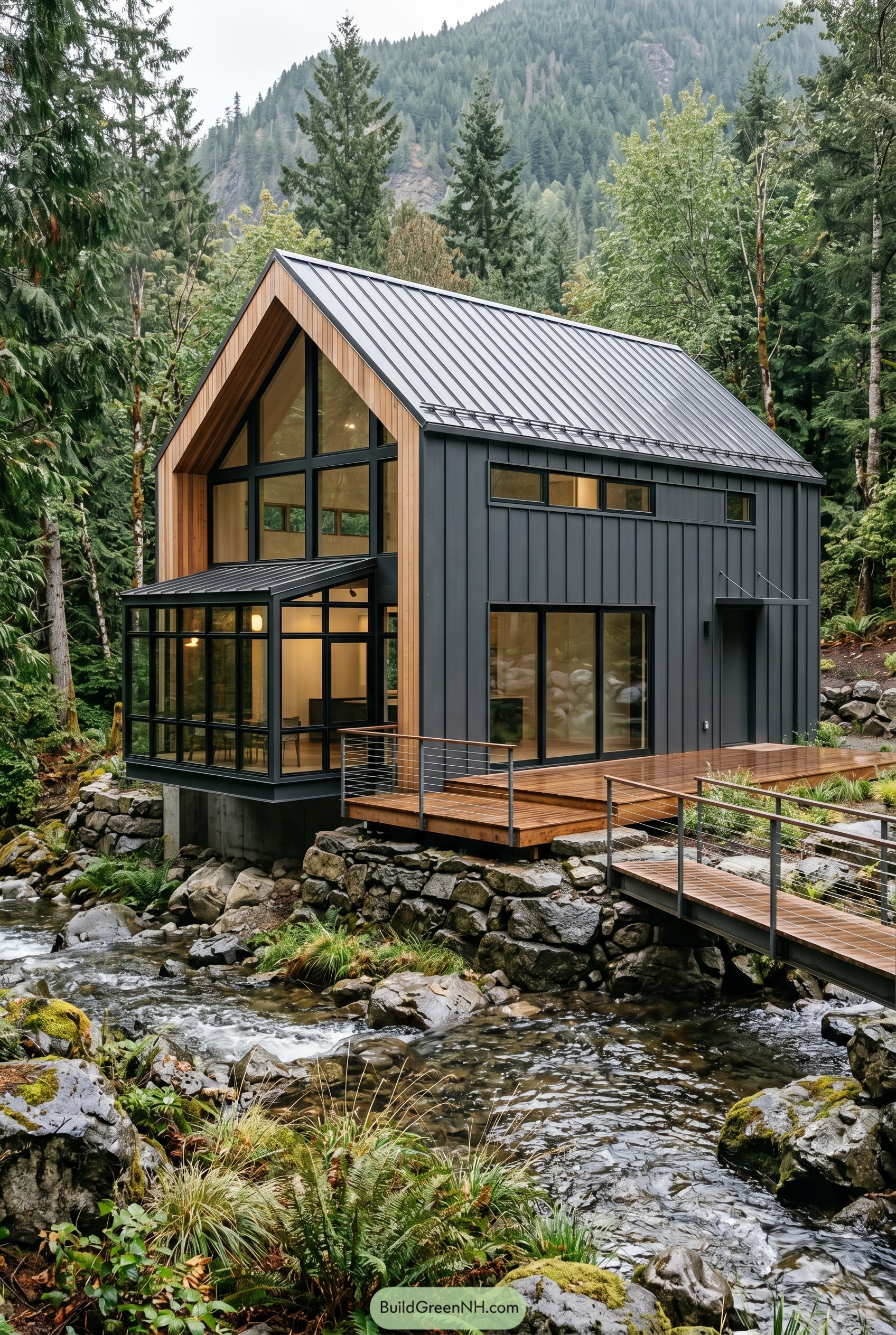 Modern black barnhouse with glass sunroom over a forest creek