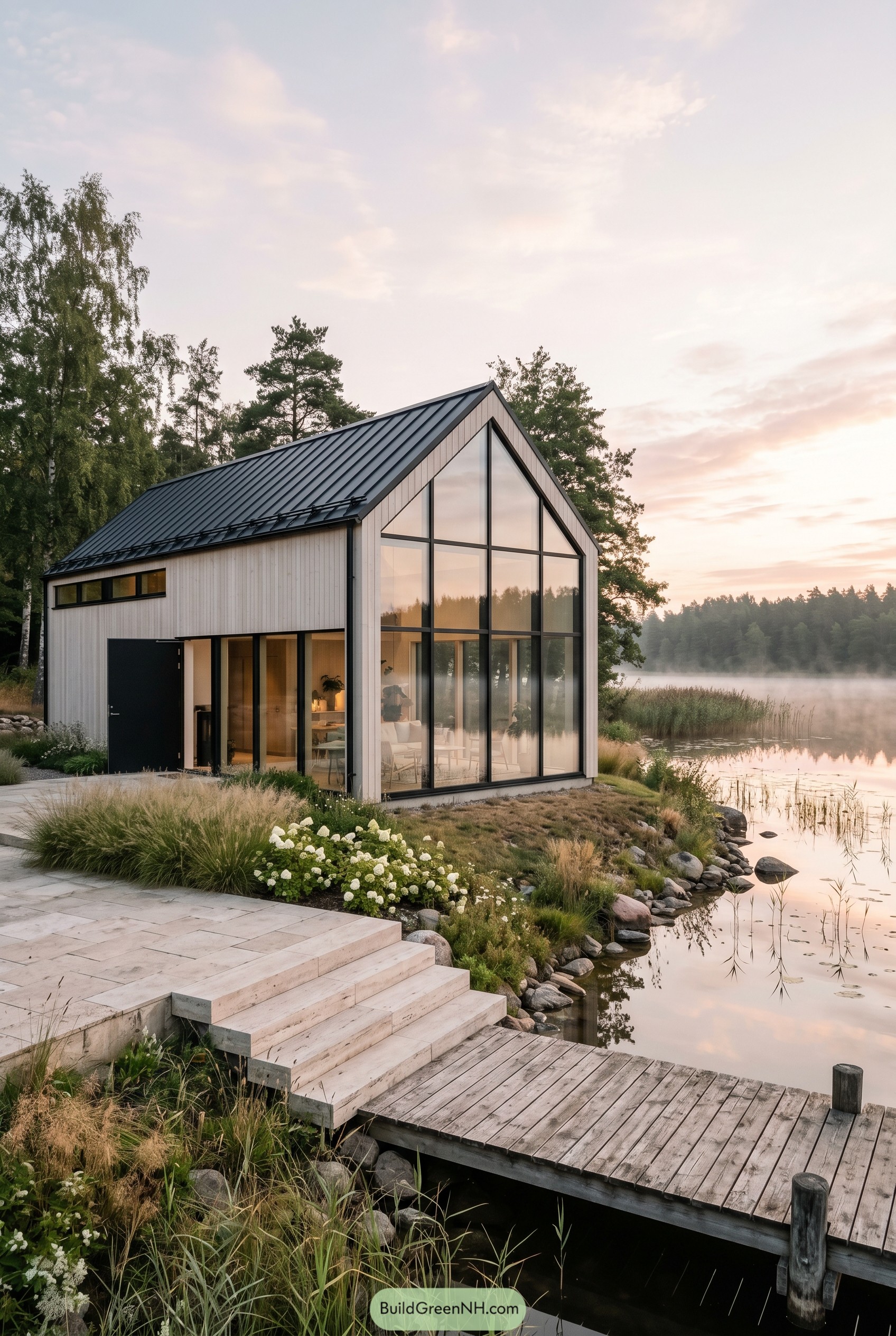 Modern pale timber barnhouse with a full glass gable beside a misty lake