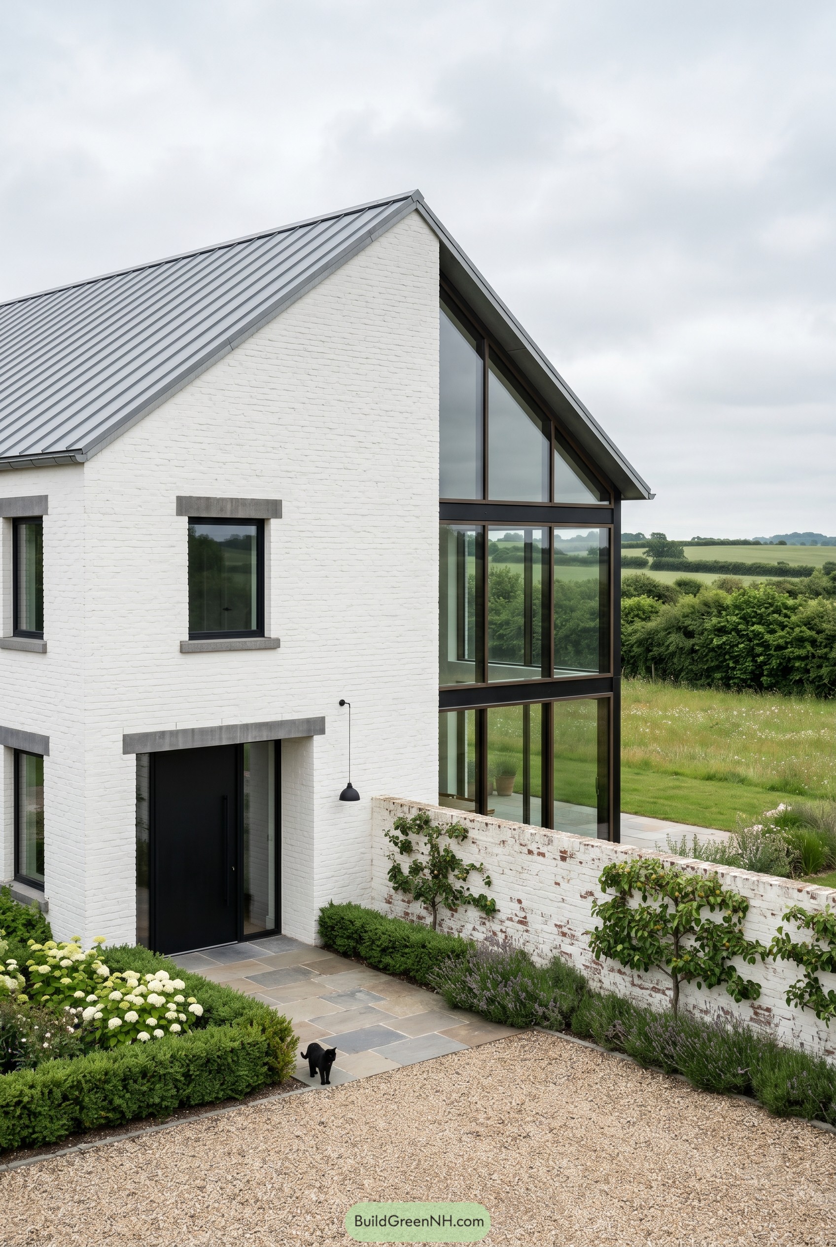 White brick barnhouse with glazed sunroom