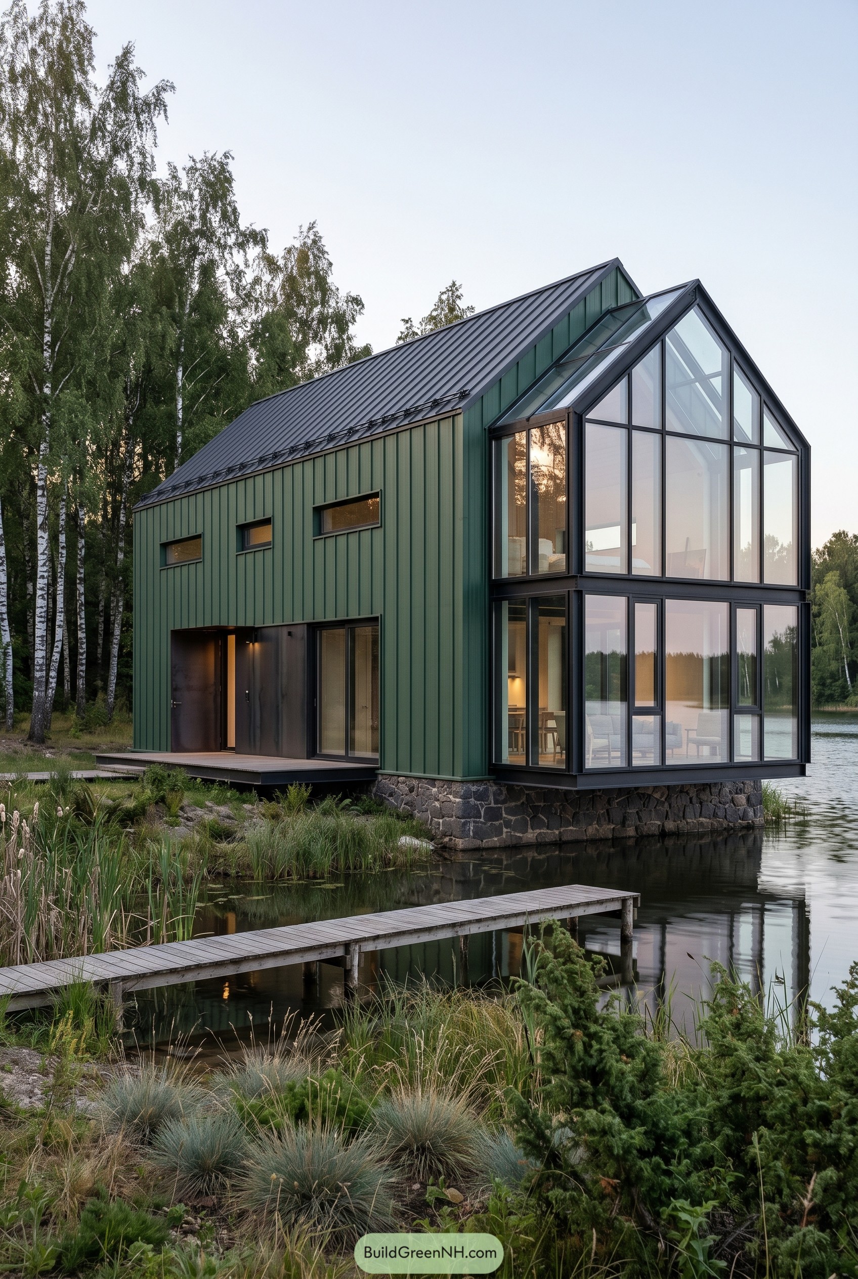 Green barnhouse with tall glass sunroom by the lake