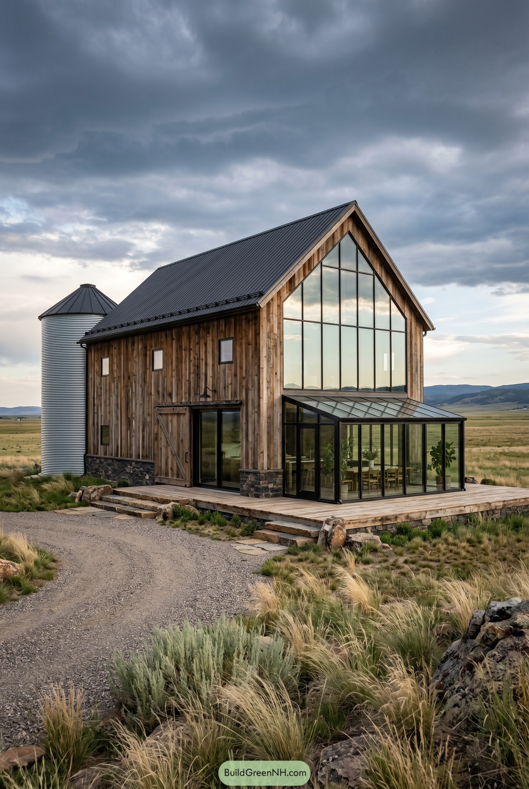 Wood clad barnhouse with glass sunroom and silo