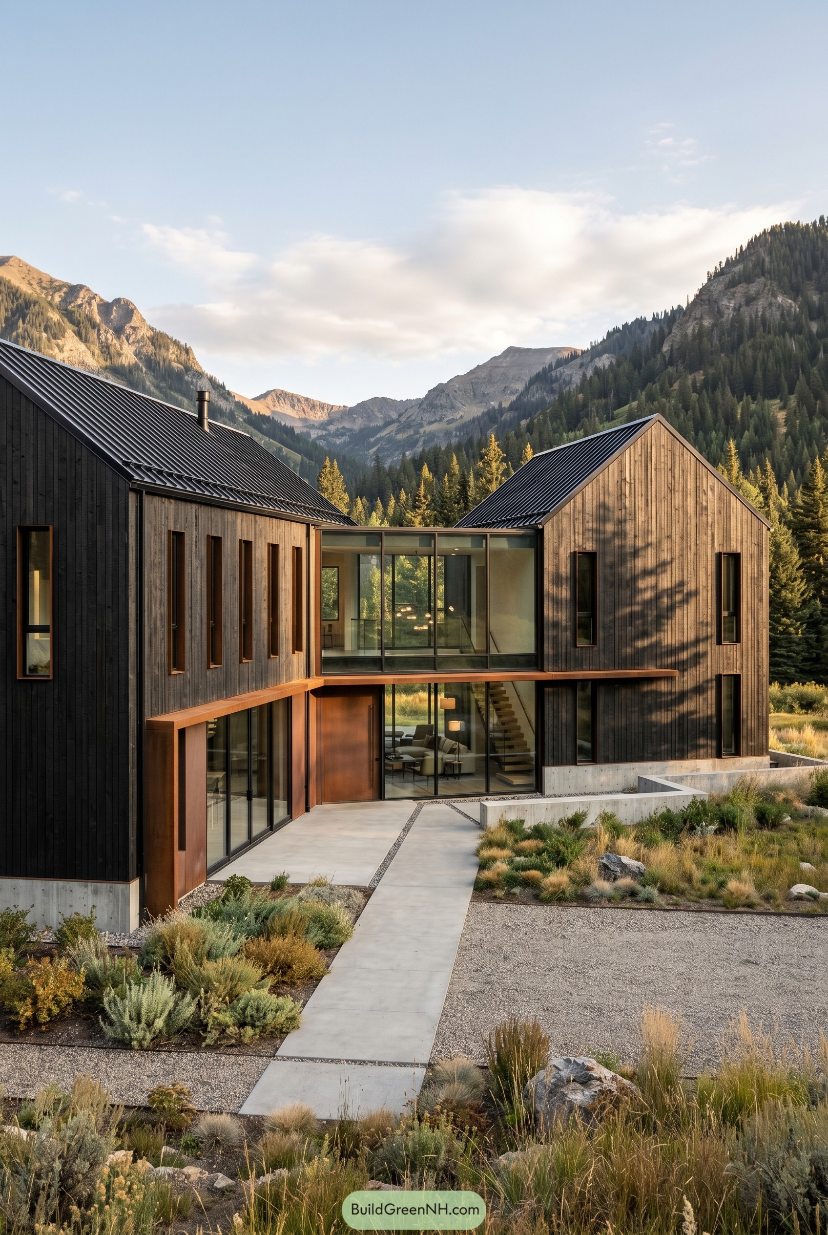 Twin gabled barnhouse with glass connector