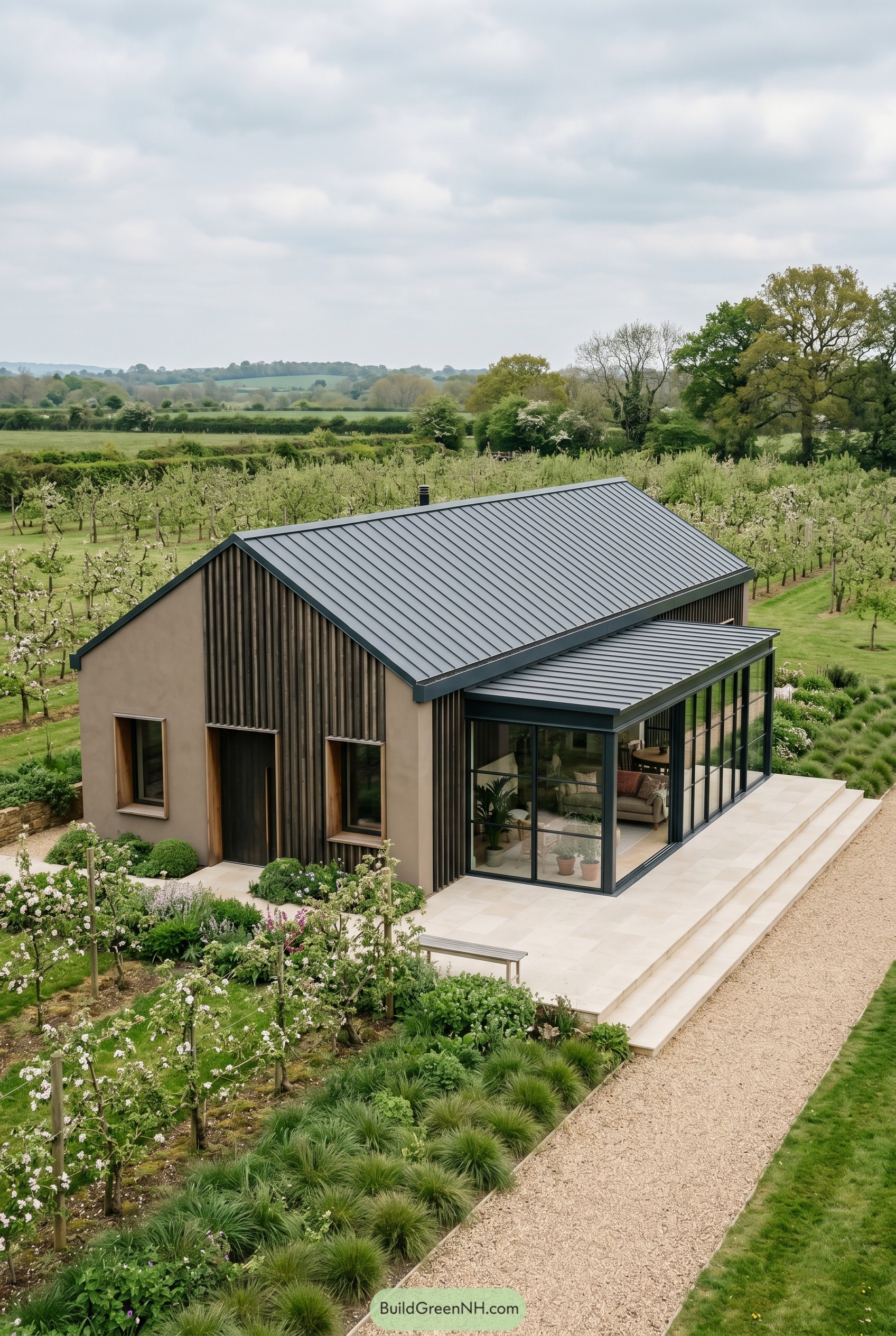 Modern barnhouse with glass sunroom beside orchard