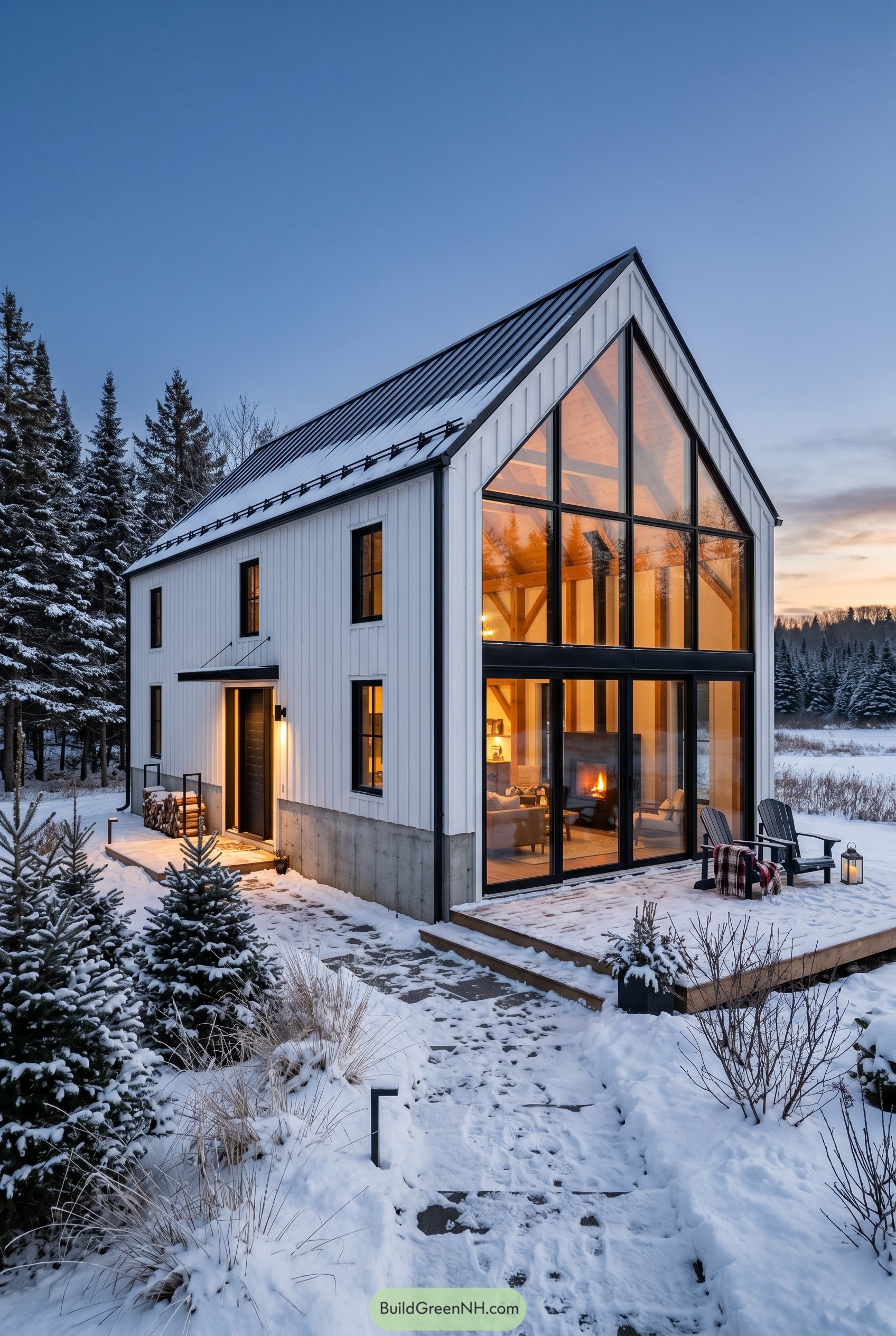 White barnhouse with full glass gable in snow