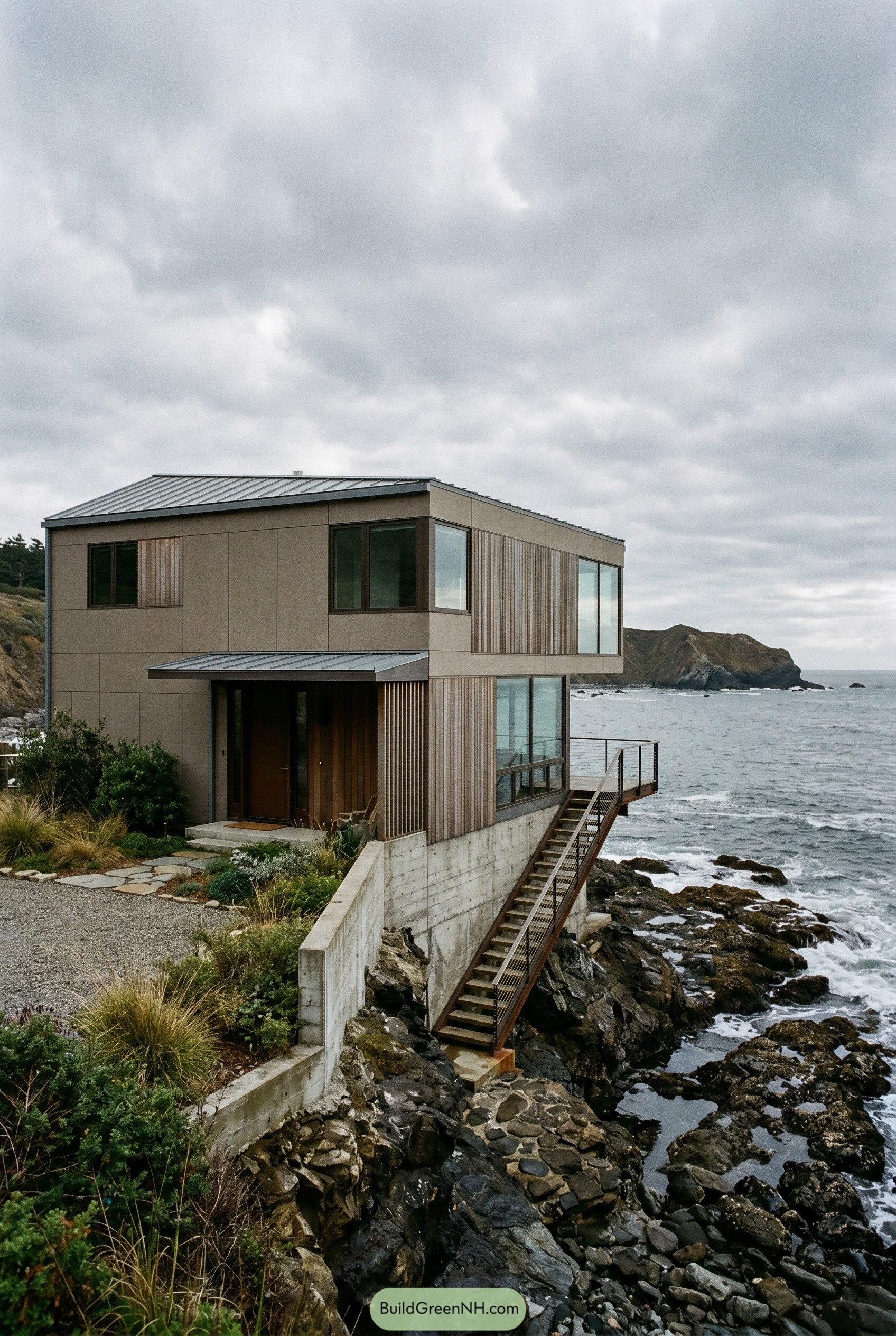Modern cliffside beach house with ocean stairs