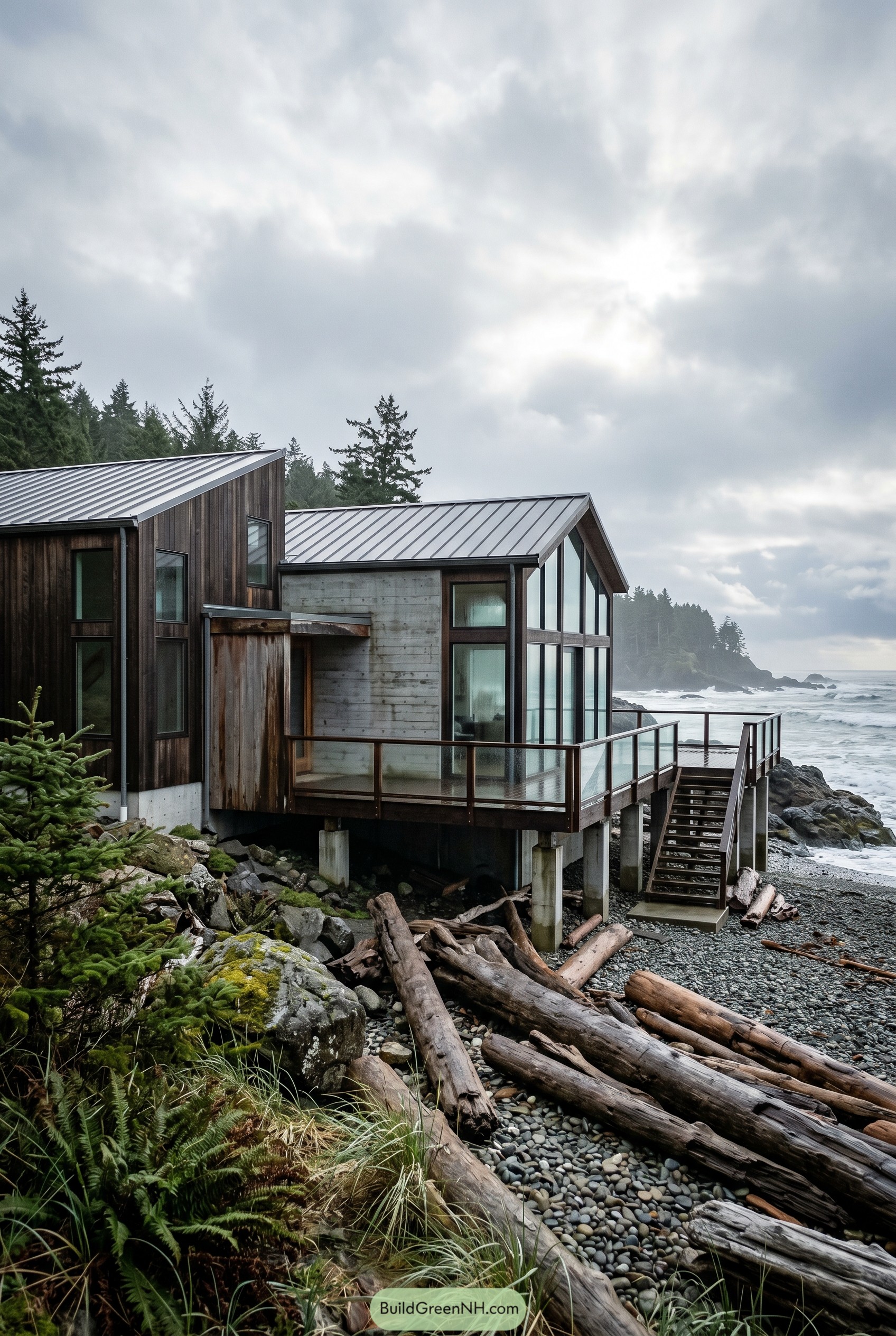 Modern timber beach house on rocky shore
