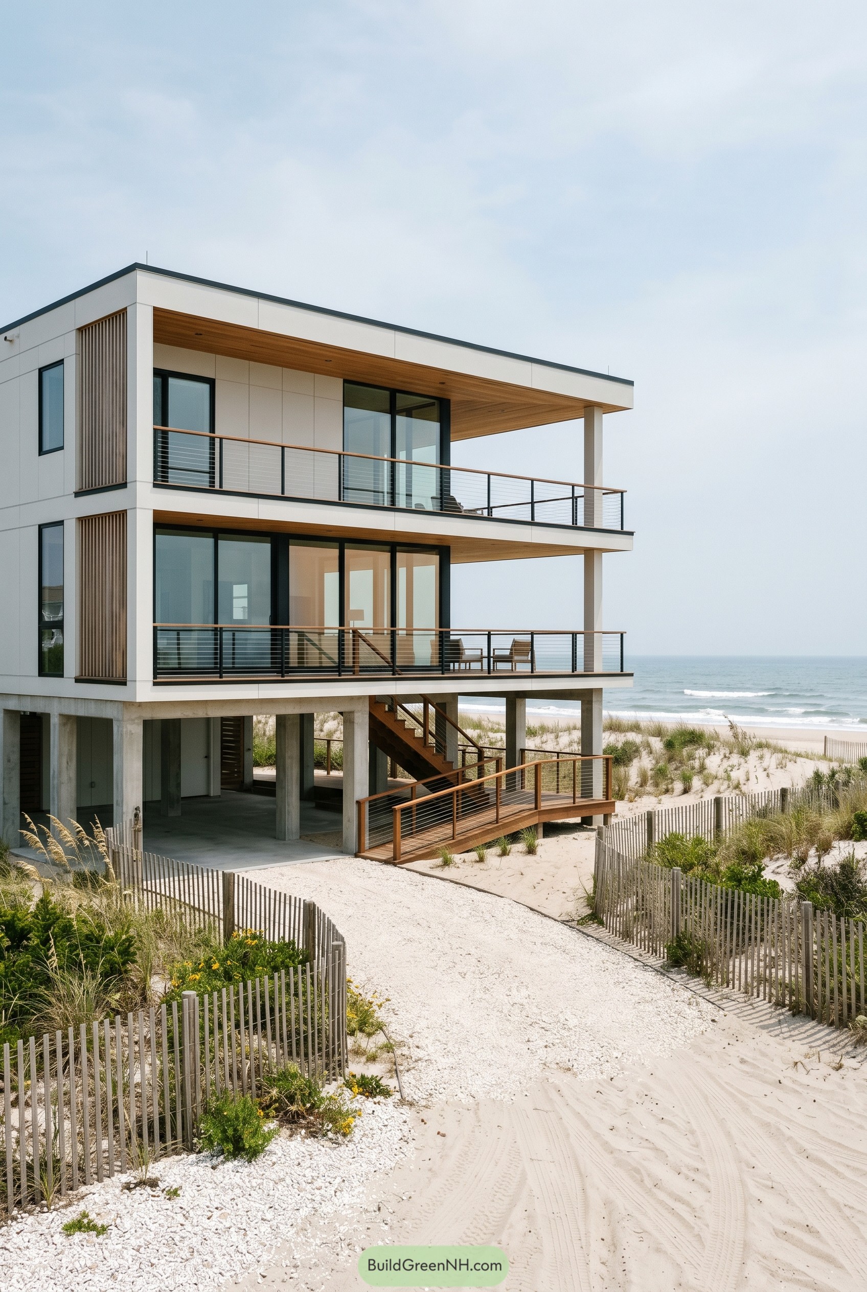 Modern elevated beach house with stacked decks