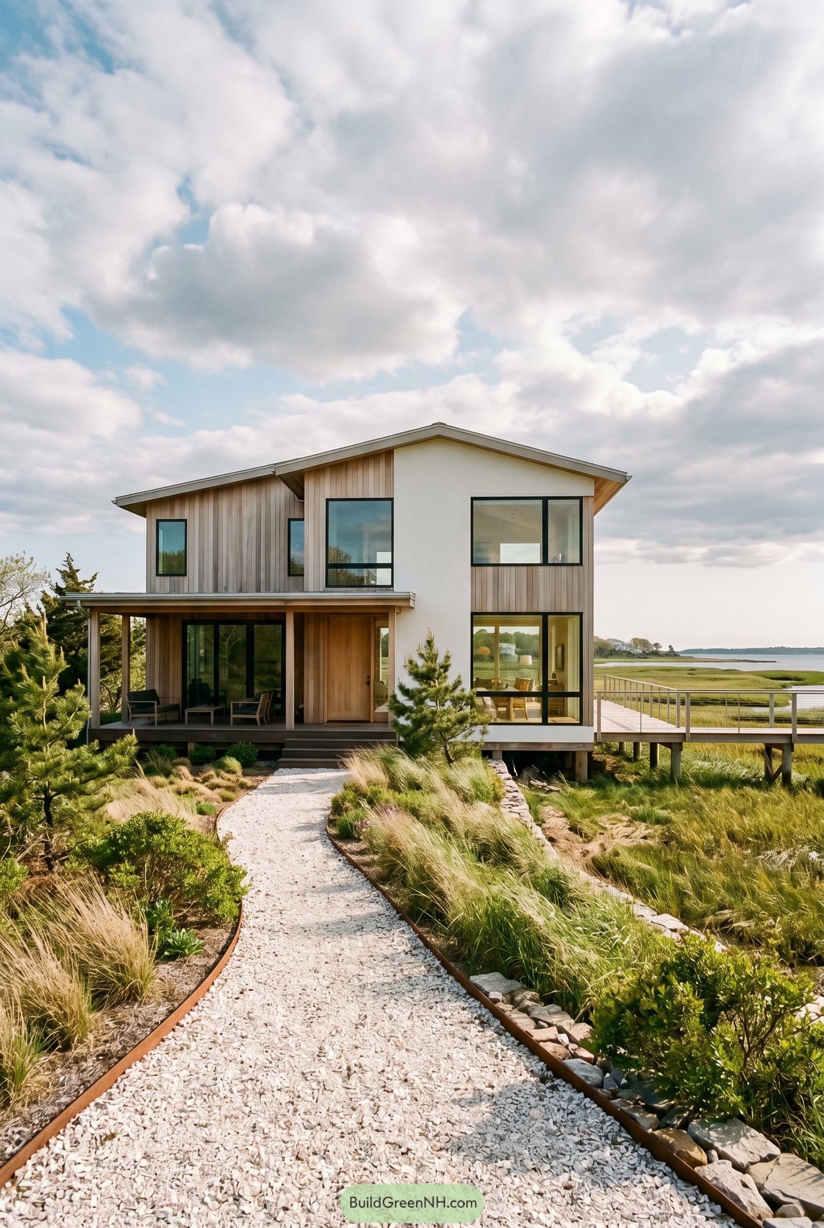 Modern beach house with cedar siding and marsh views