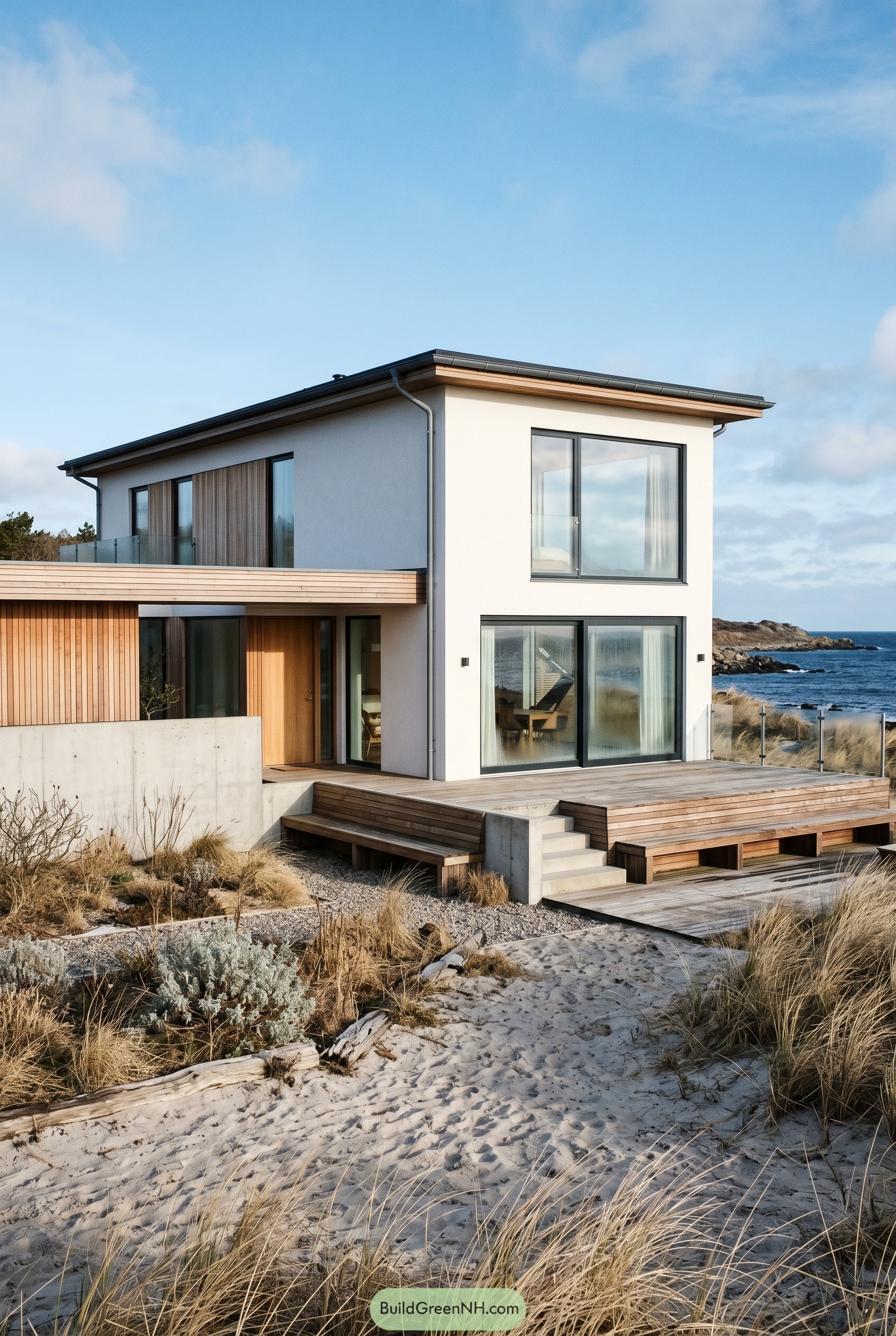 Modern white and timber beach house on dunes