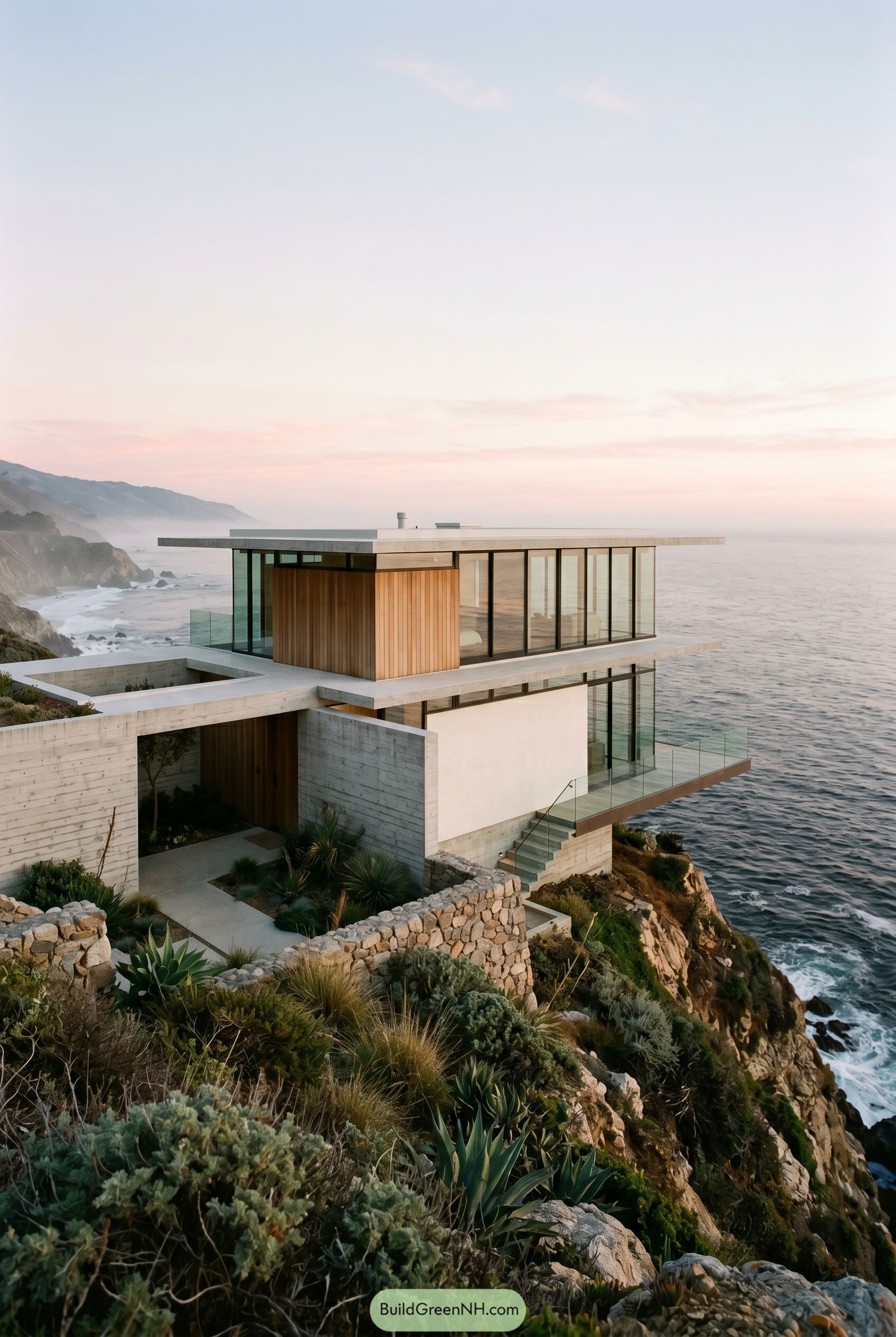 Modern concrete and glass beach house on a cliff