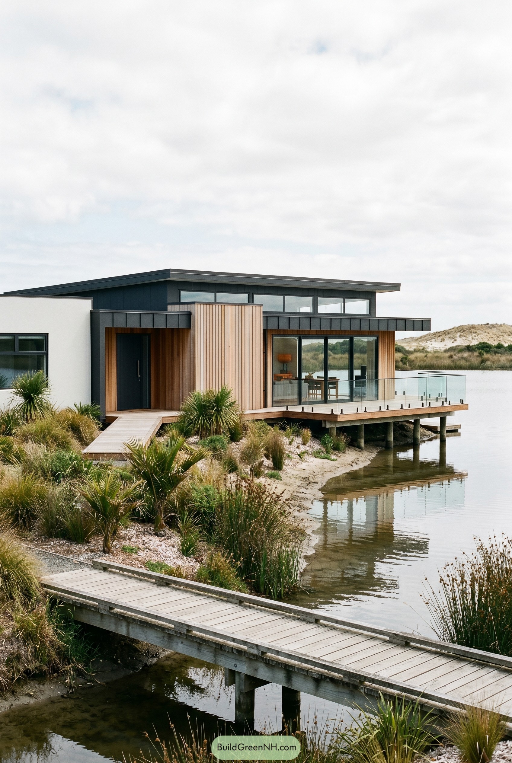 Modern beach house with timber cladding and glass deck over a calm inlet