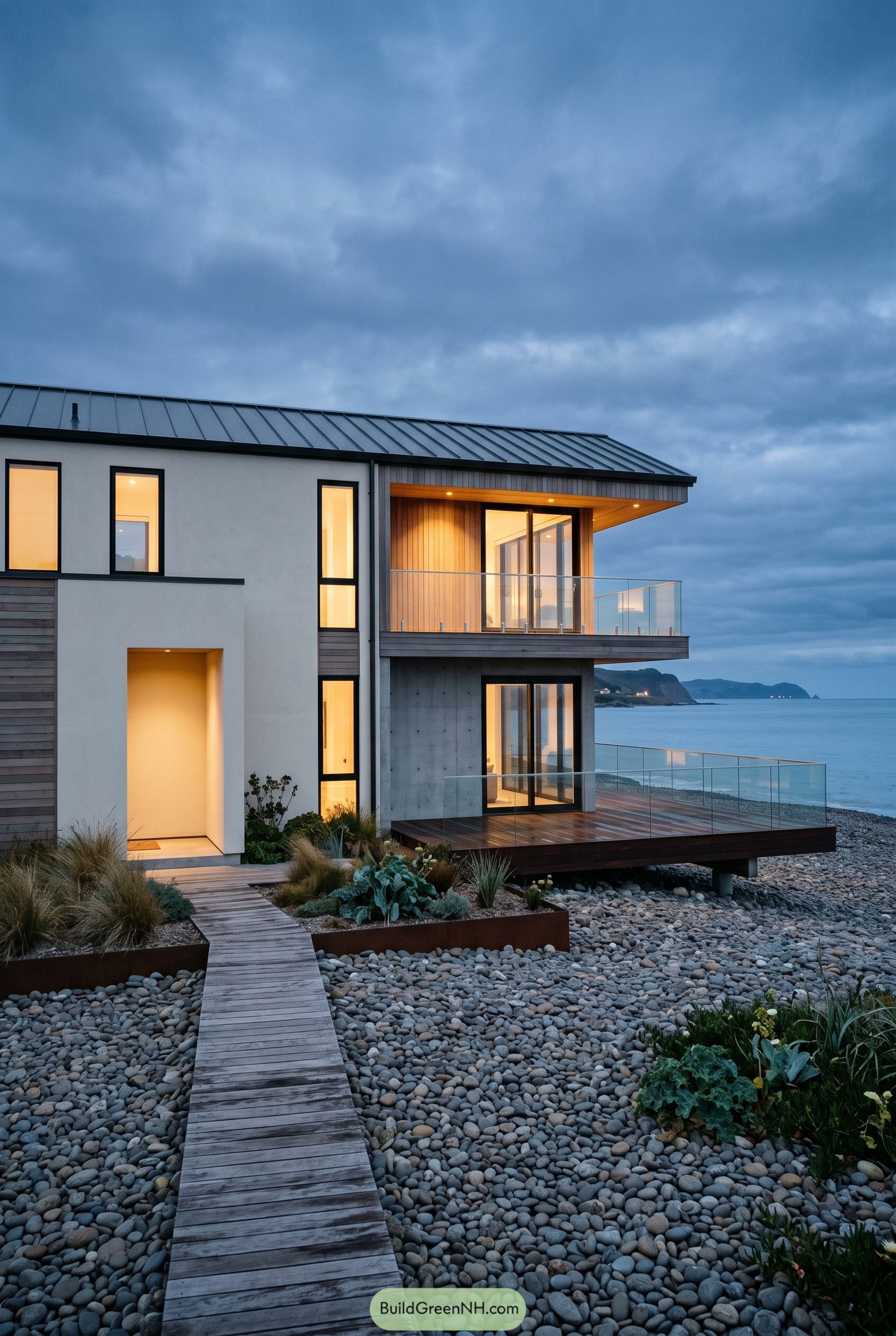 Modern beach house on a rocky shore with glass balconies