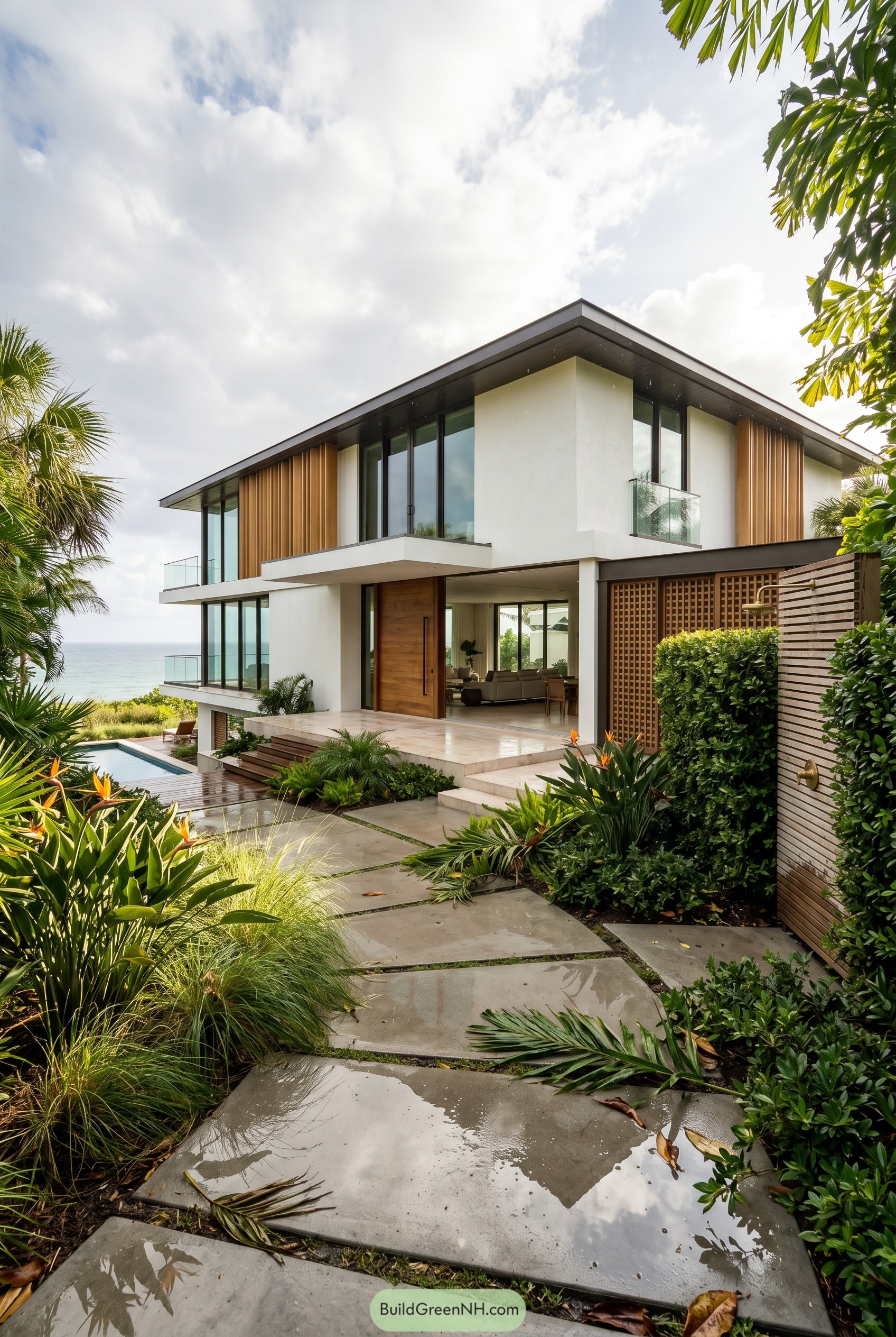 Modern white beach house with wood screens and ocean view