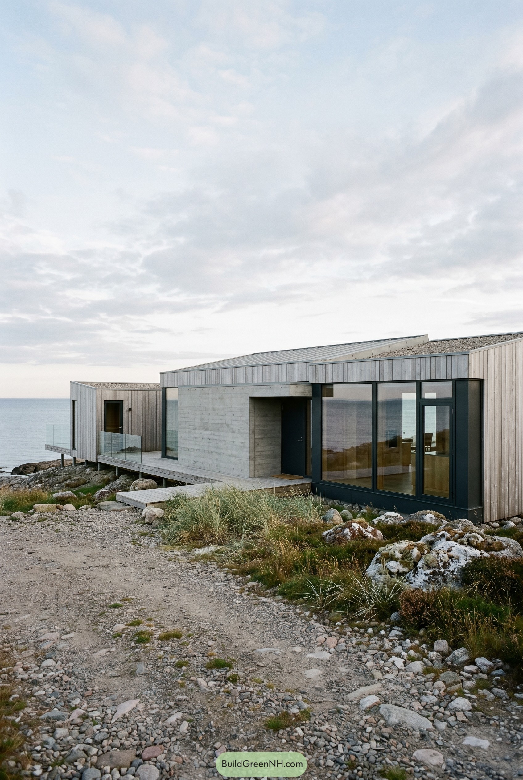 Low timber and concrete house on rocky coast