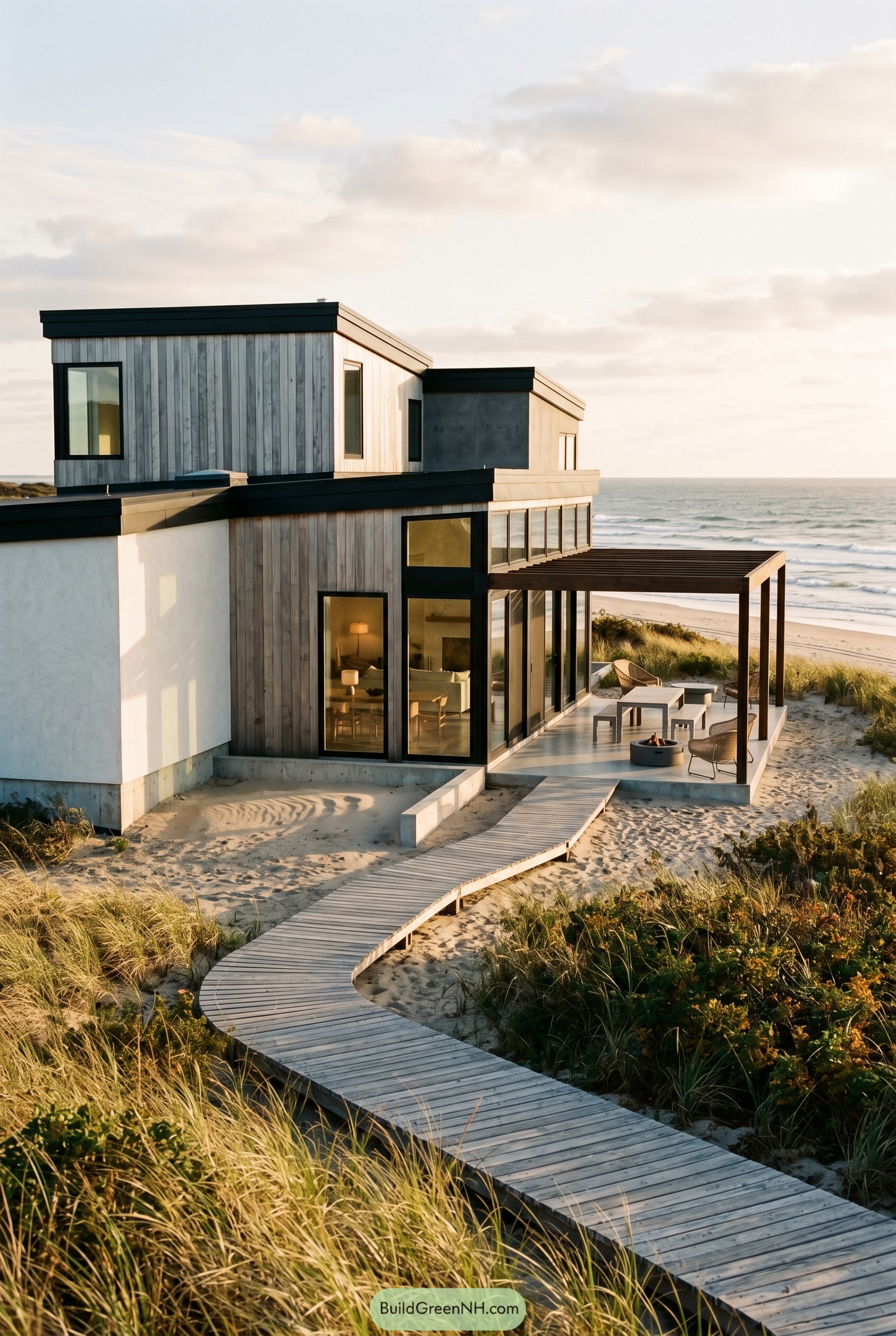 Modern beach house with cedar cladding and pergola patio