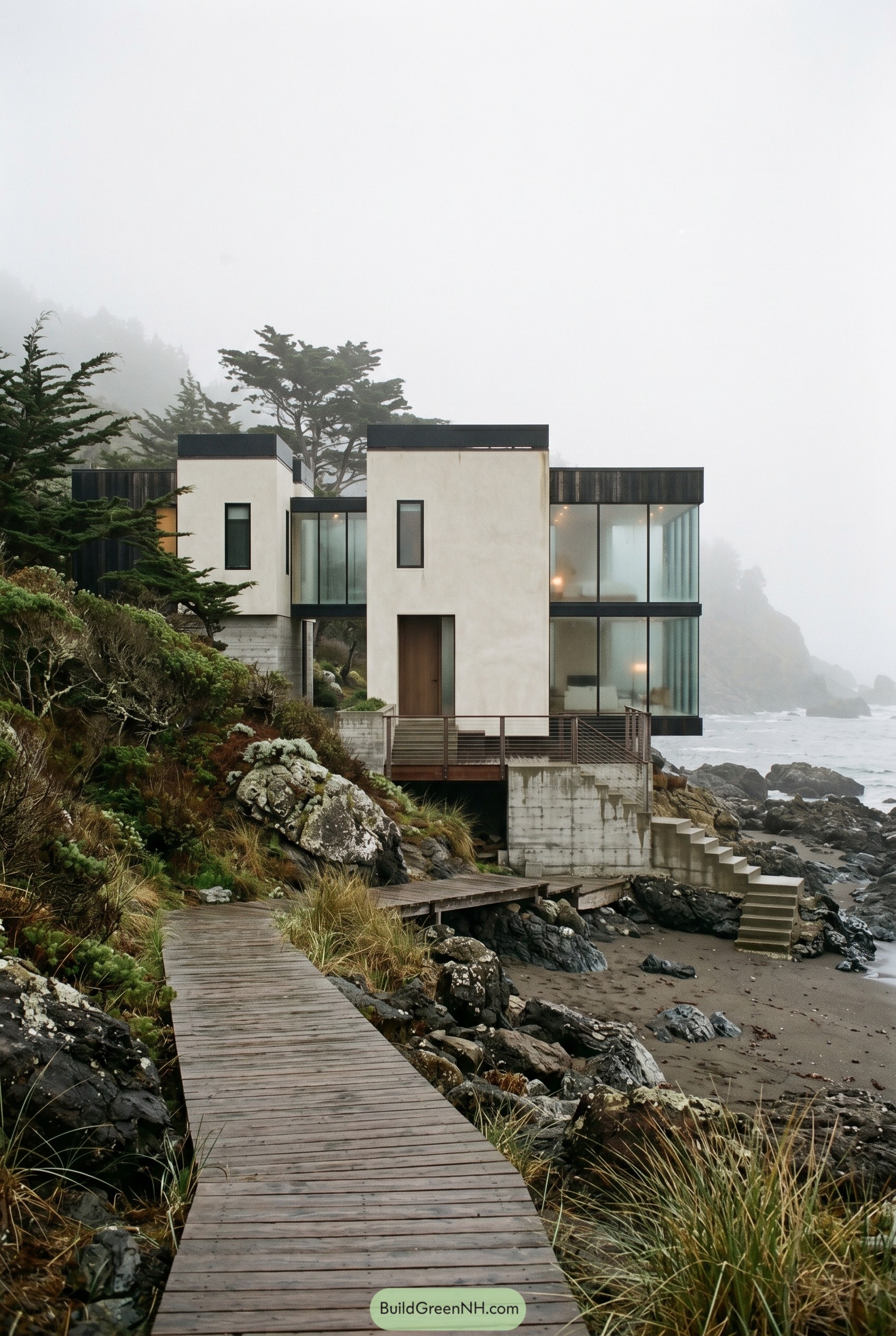Modern cliffside beach house with glass walls