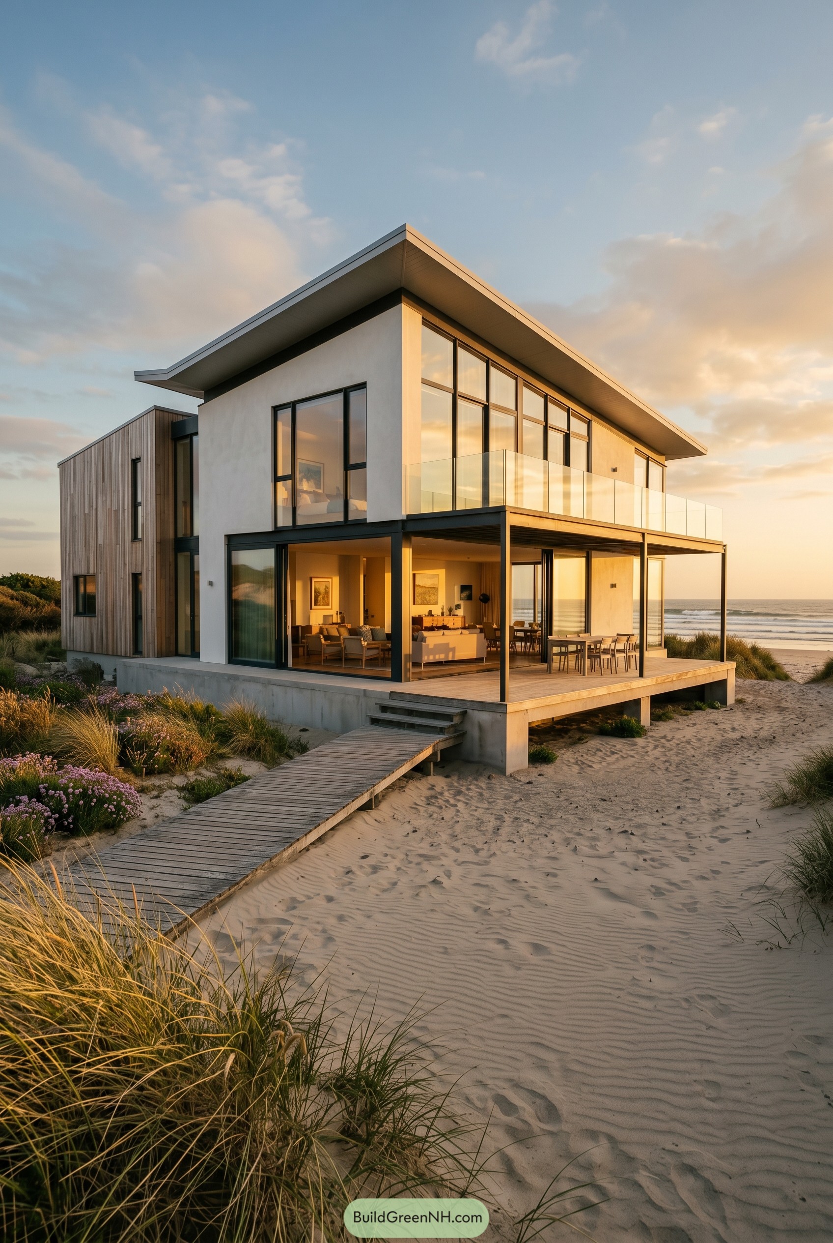 Modern beachfront house with glass balcony