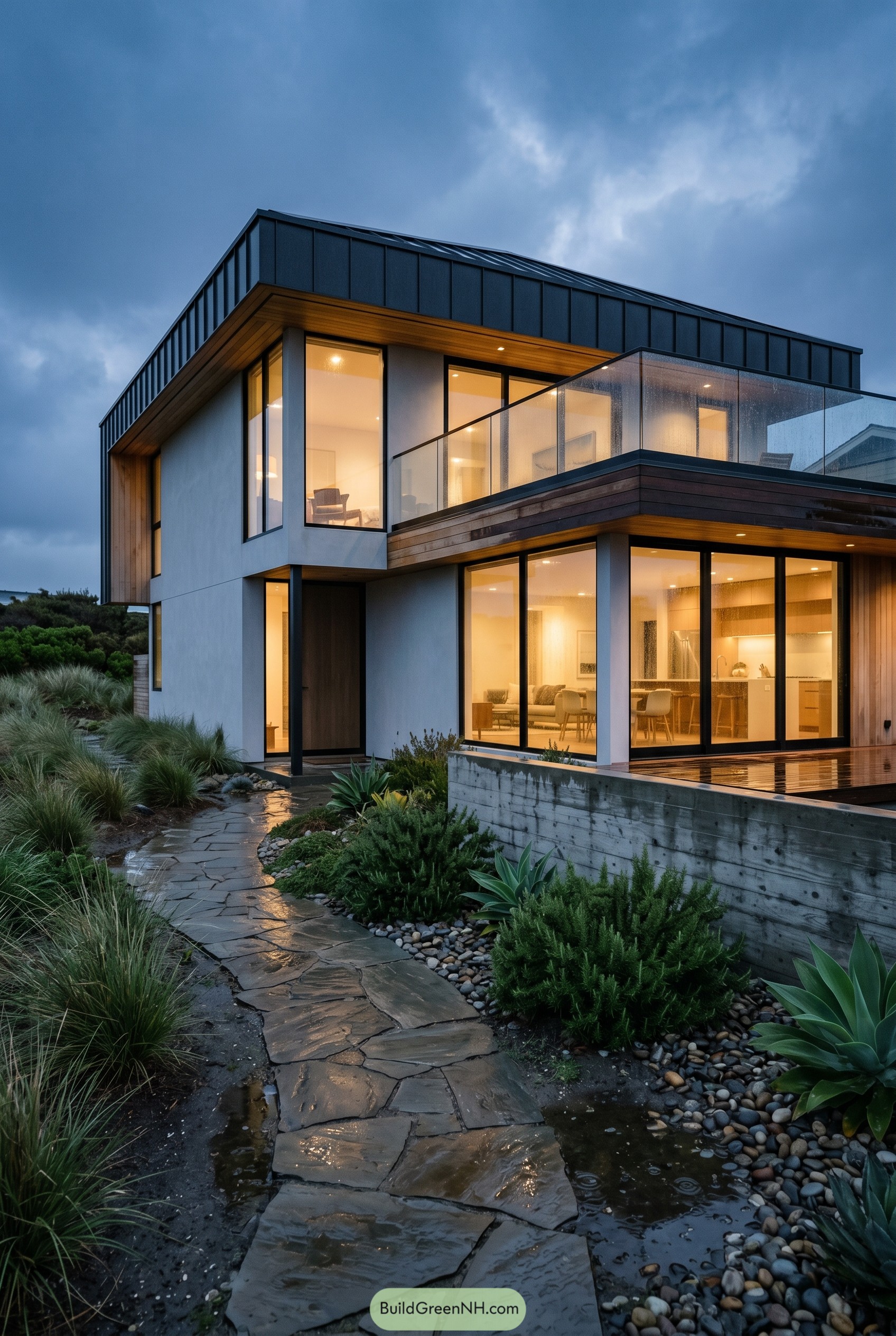 Two story modern beach house with glass balcony