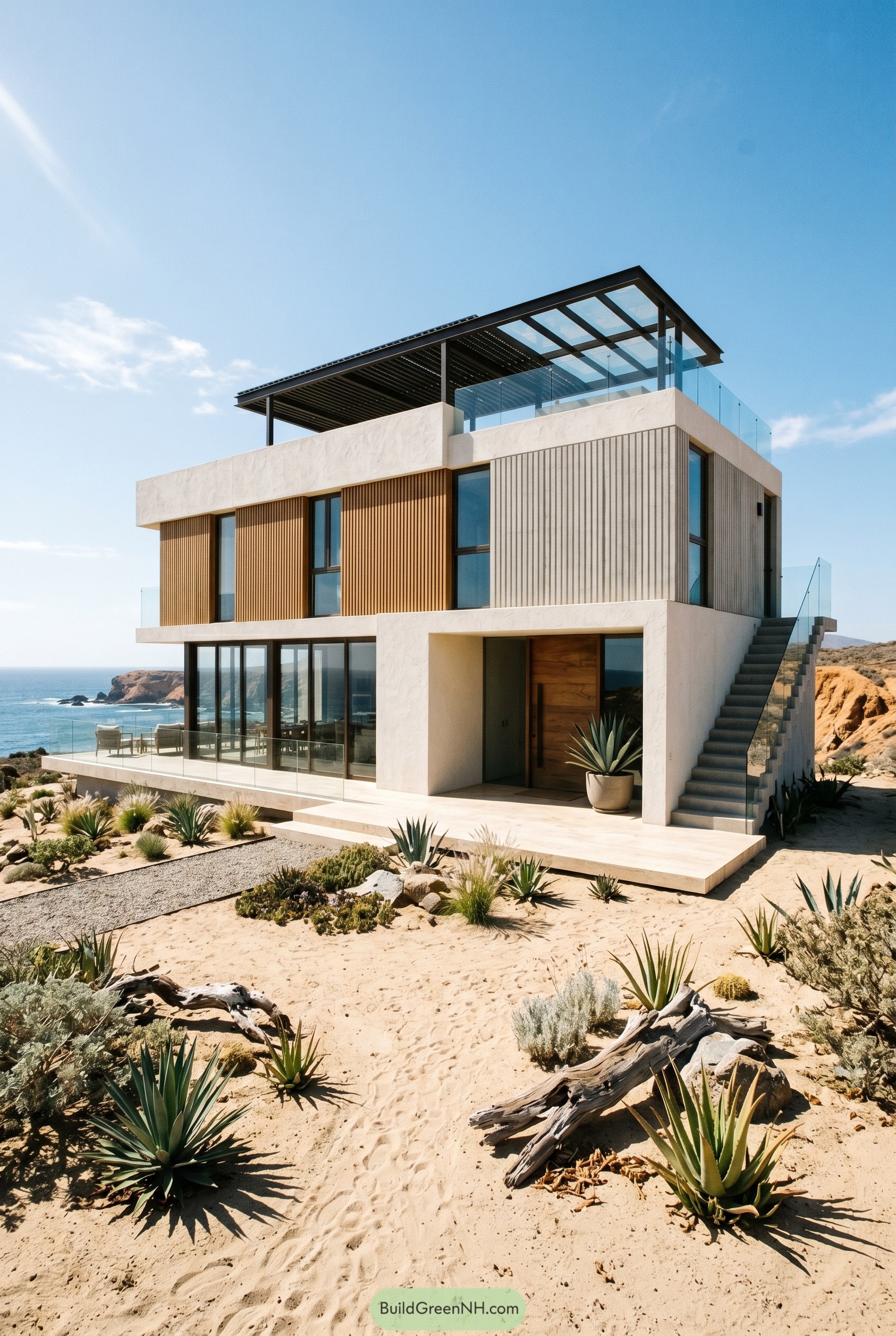 Modern beach house with rooftop pergola