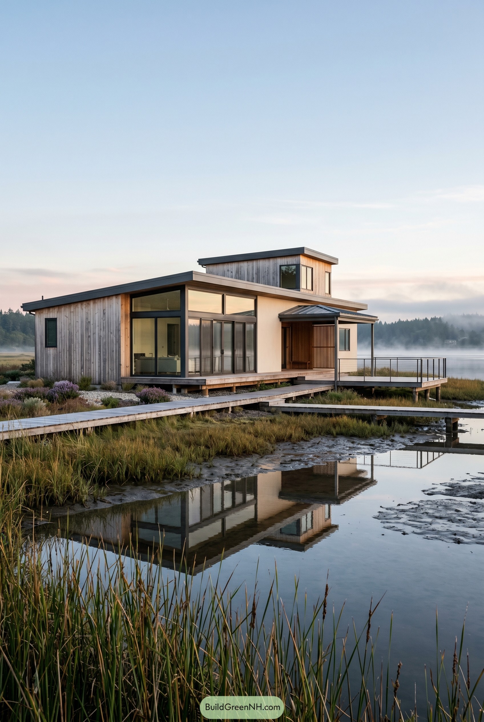 Modern cedar beach house over marsh water