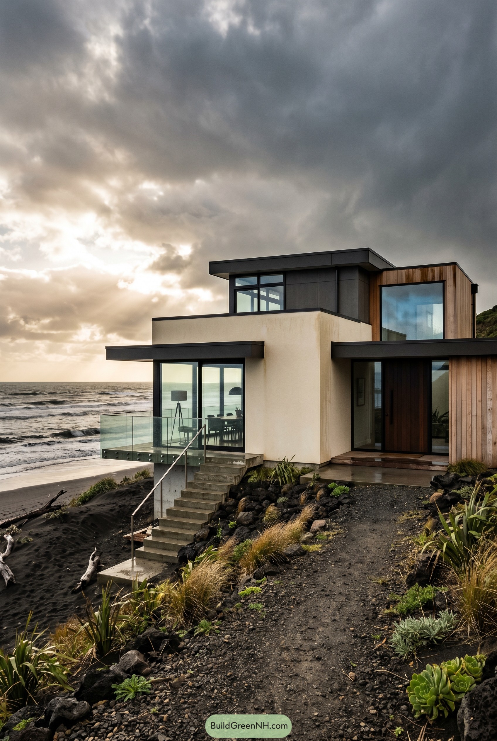 Modern beach house on a black sand coast