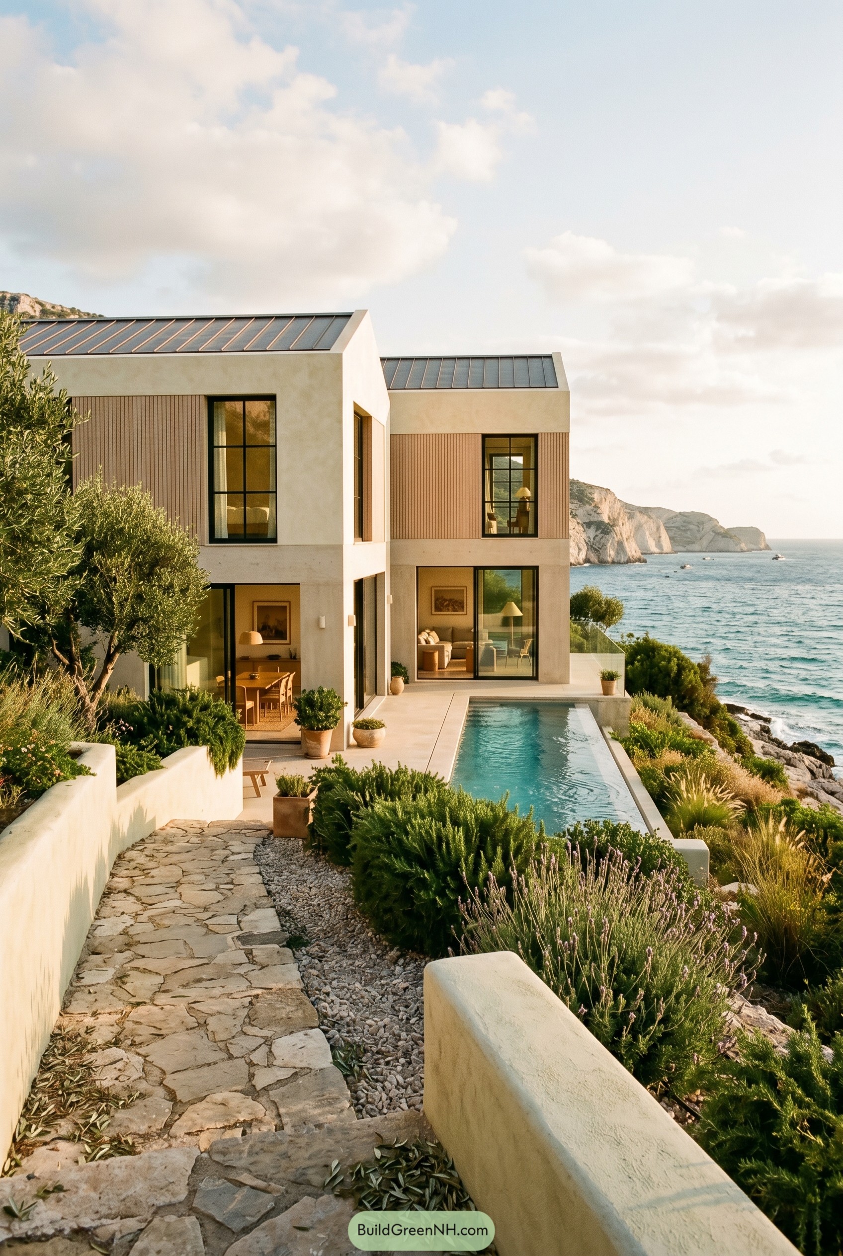 Modern stucco beach house with lap pool