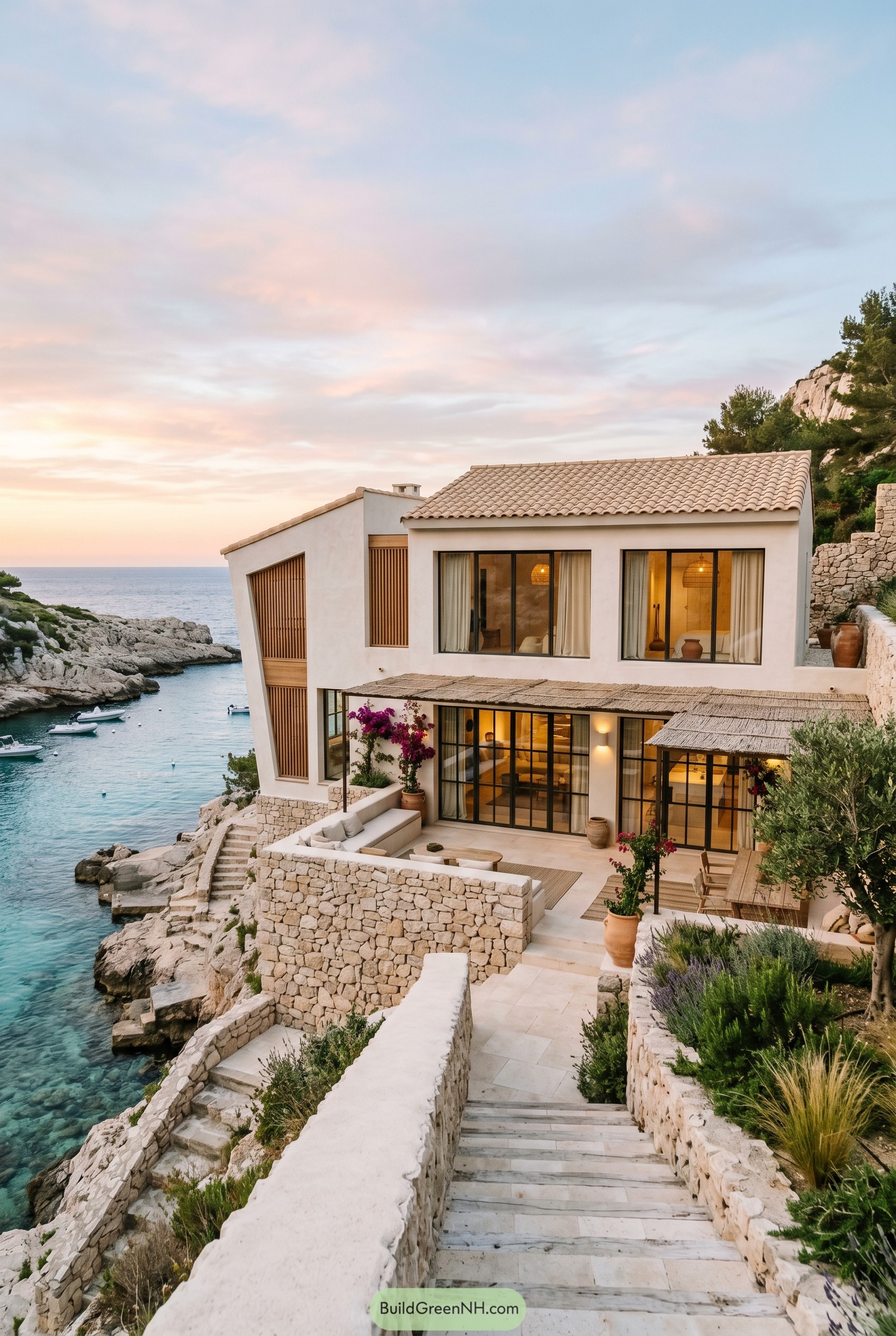 White coastal villa with stone terraces above a rocky cove