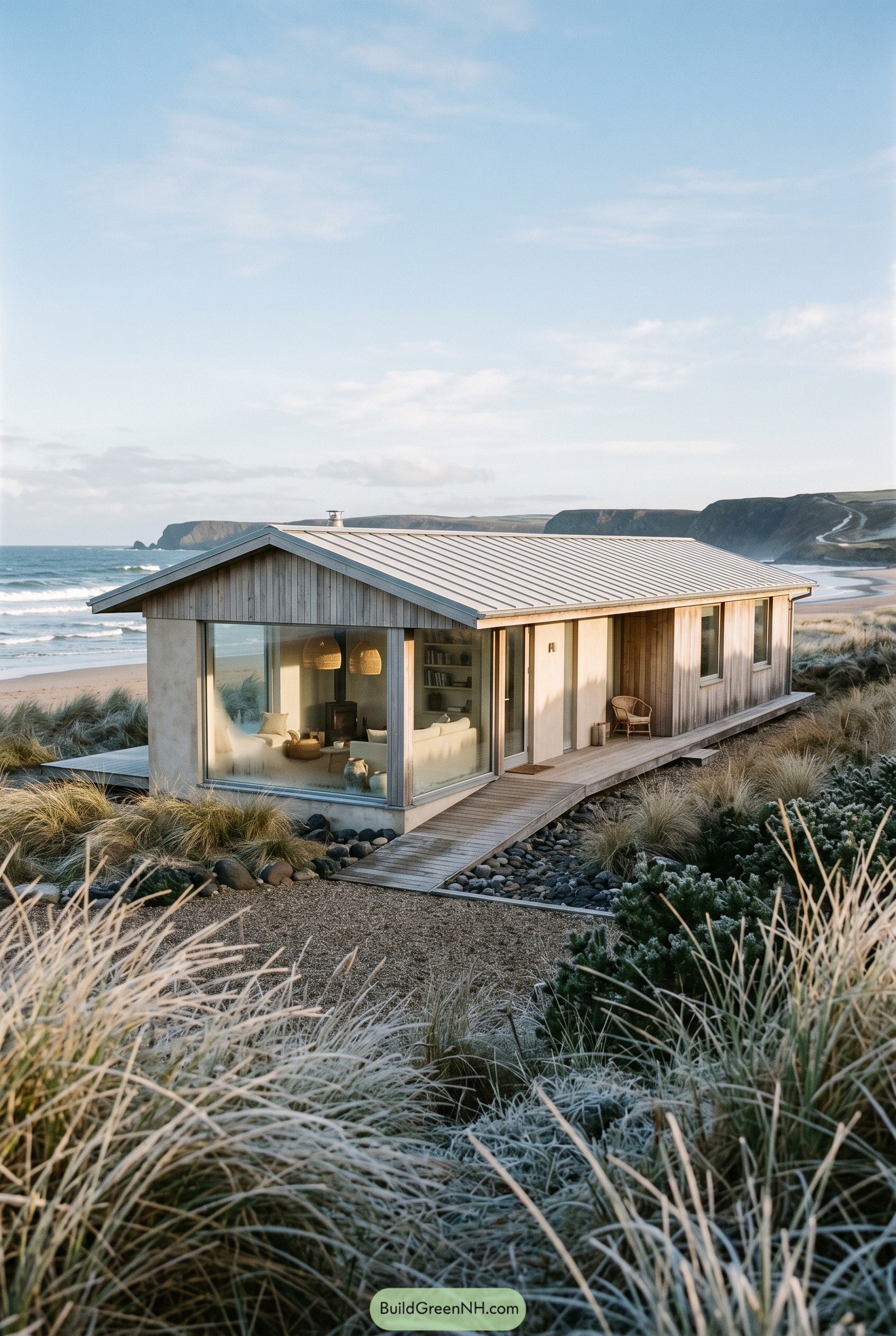 Modern timber beach cabin in dune grass