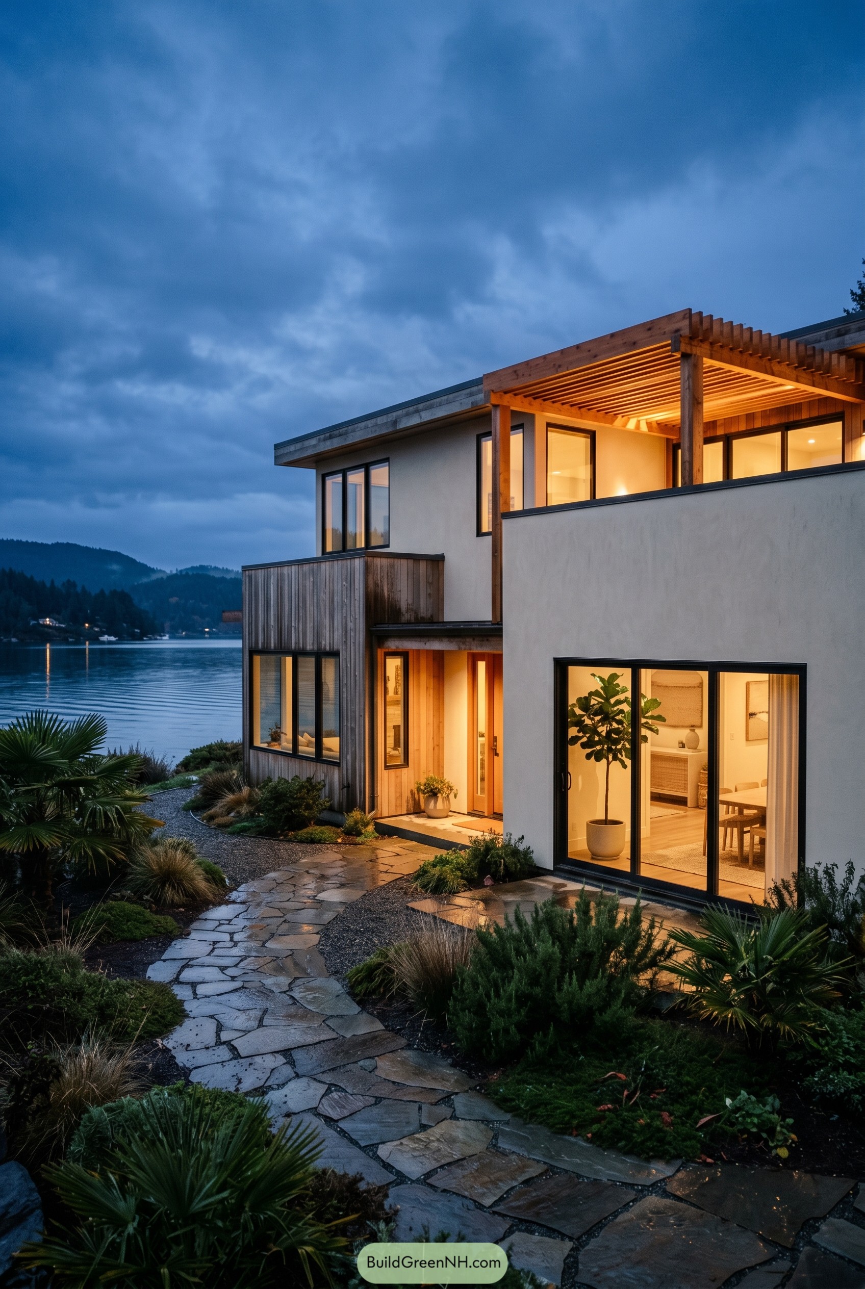 Modern waterfront boho house with pergola terrace