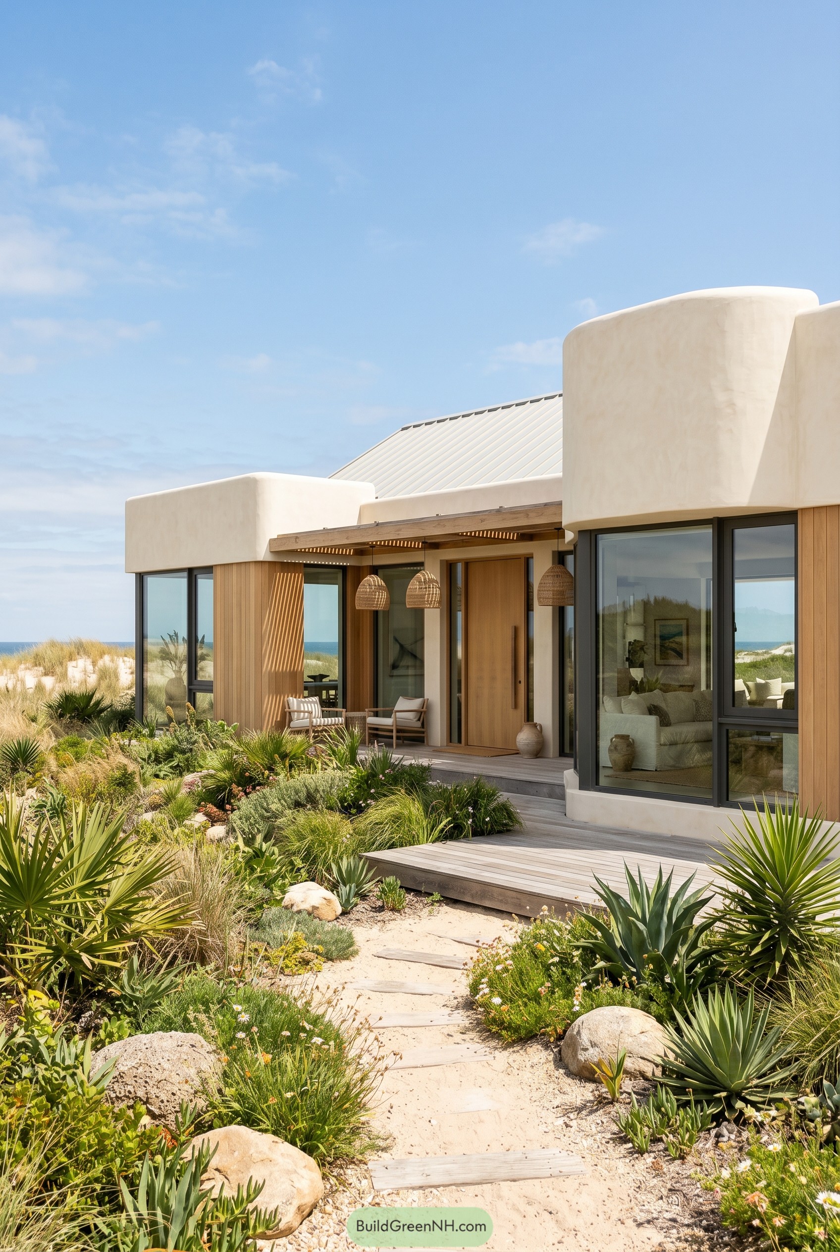Boho beach house with curved stucco walls and dune garden