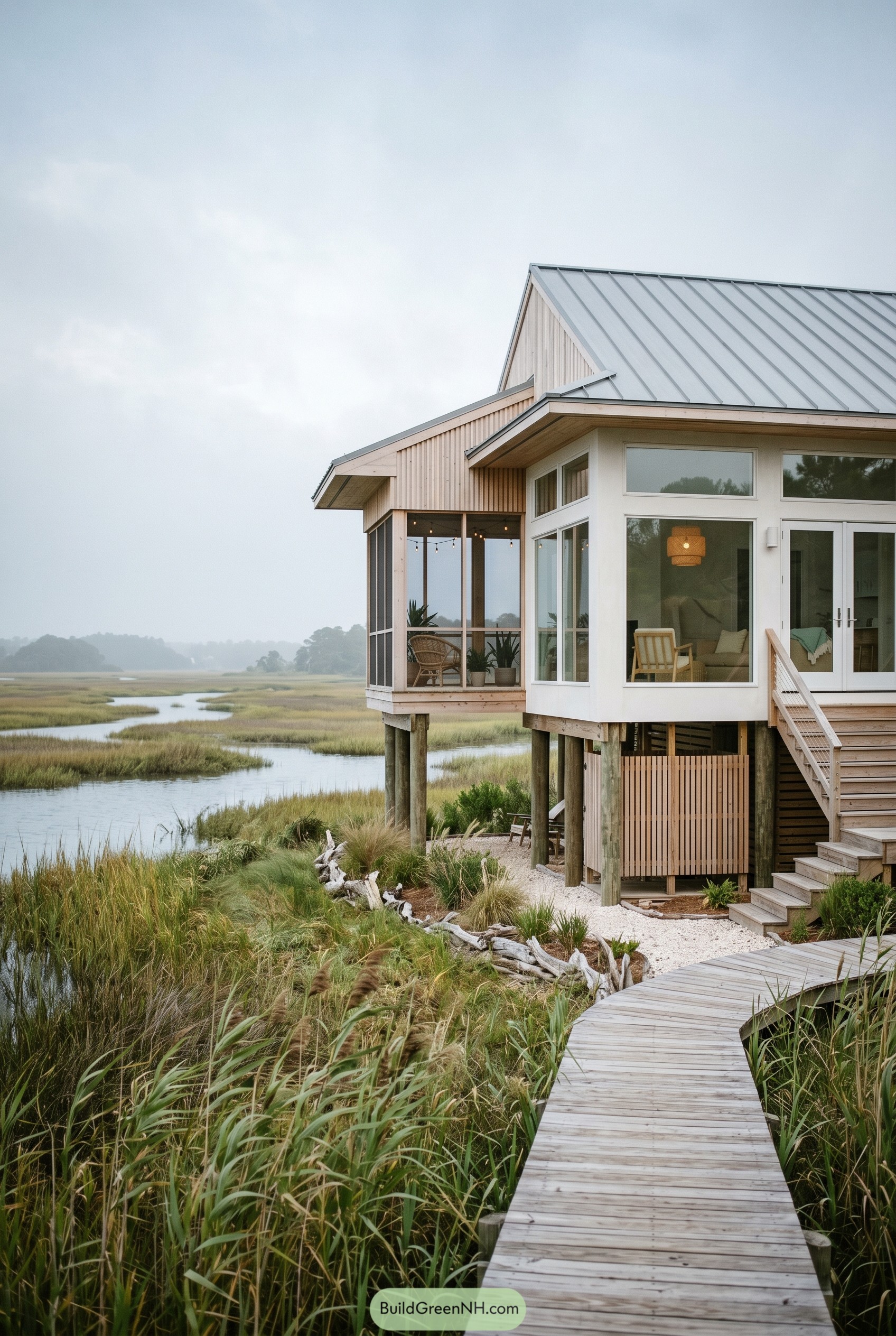 Elevated coastal house with metal roof over marsh
